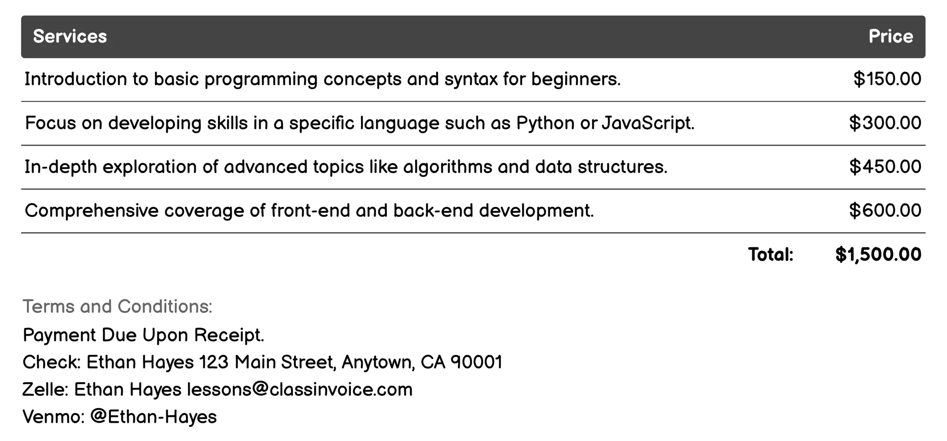 Coding Lessons Invoice Example