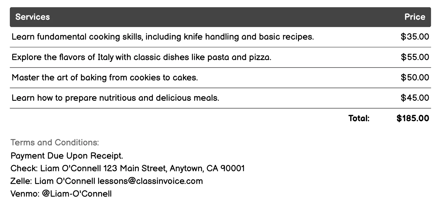 Cooking Classes Invoice Example