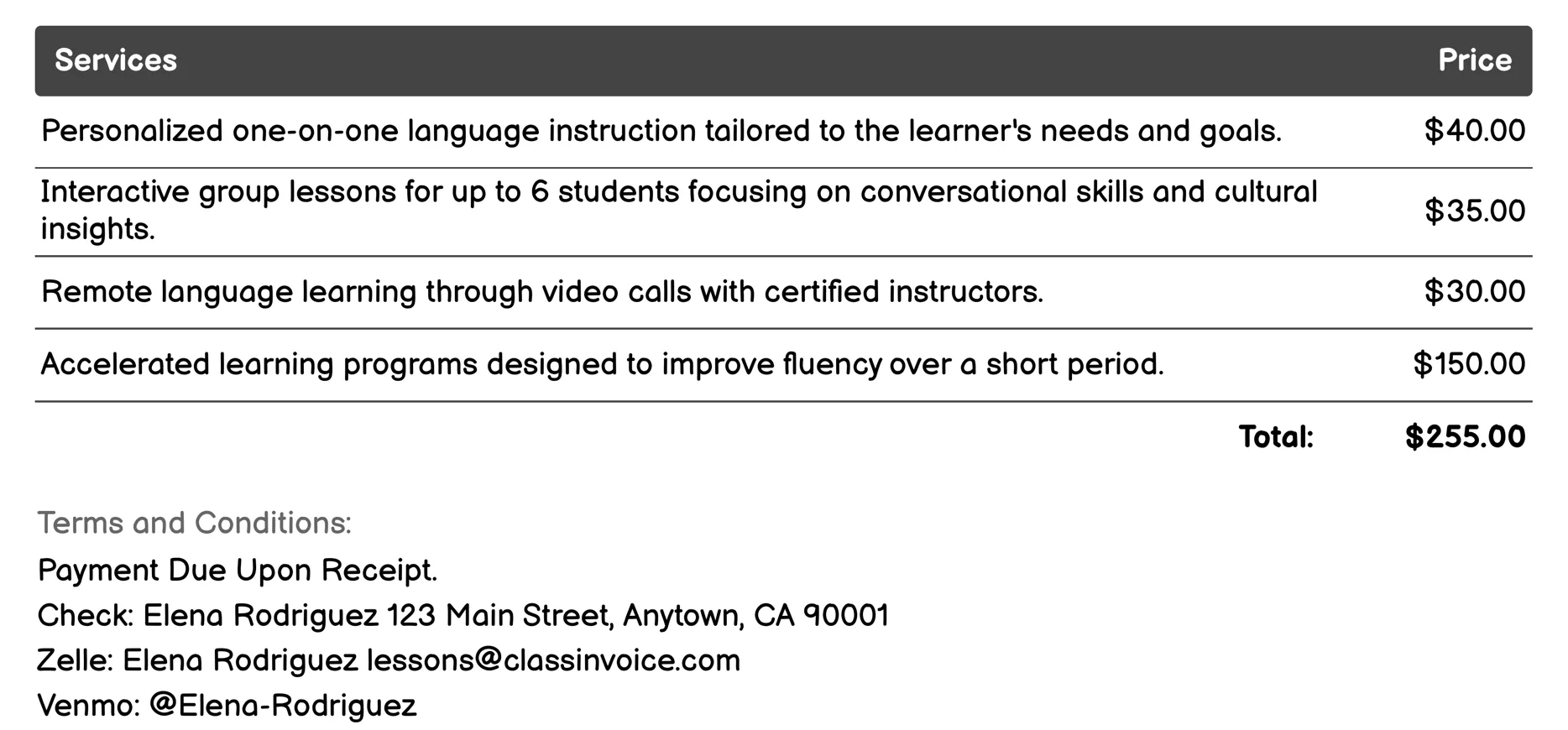 Language Lessons Invoice Example