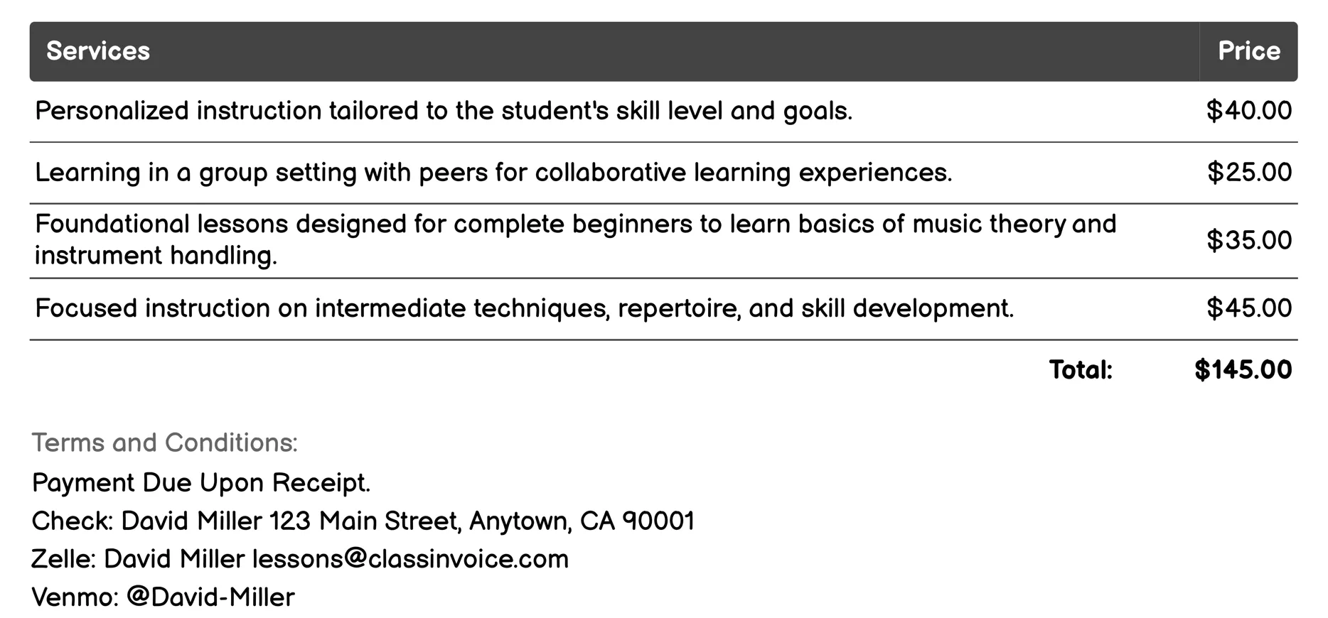Music Lessons Invoice Example