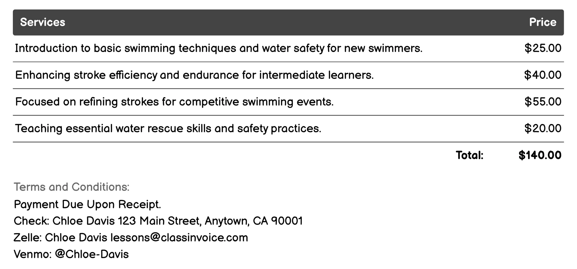Swimming Lessons Invoice Example