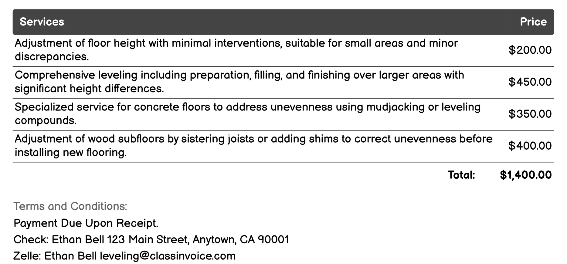 Floor Height Adjustment Invoice Example