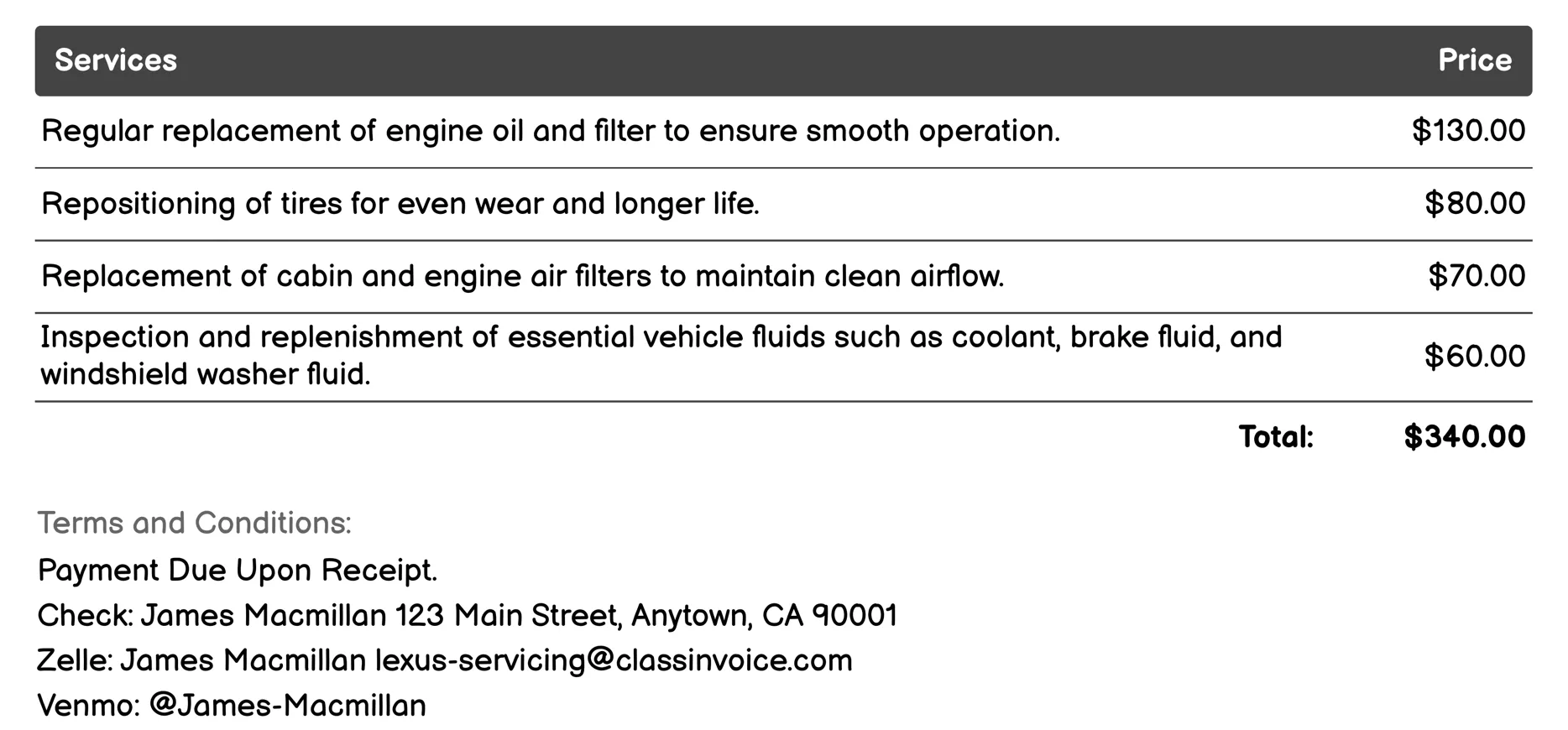 Routine Maintenance Invoice Example