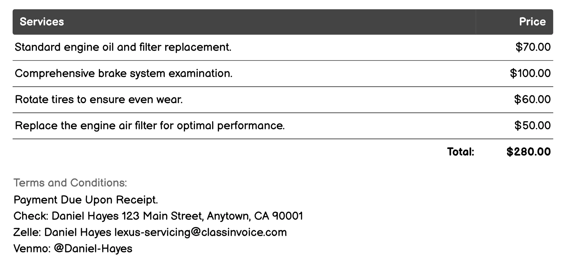 Warranty Service Invoice Example
