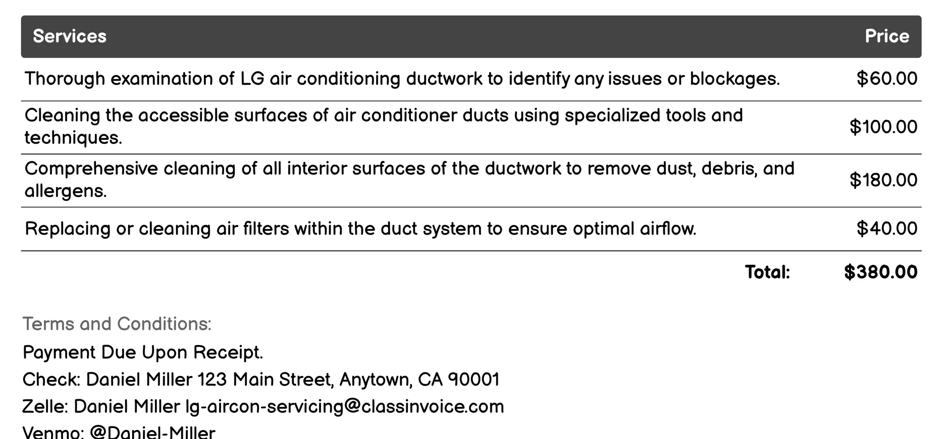 Duct Cleaning Invoice Example