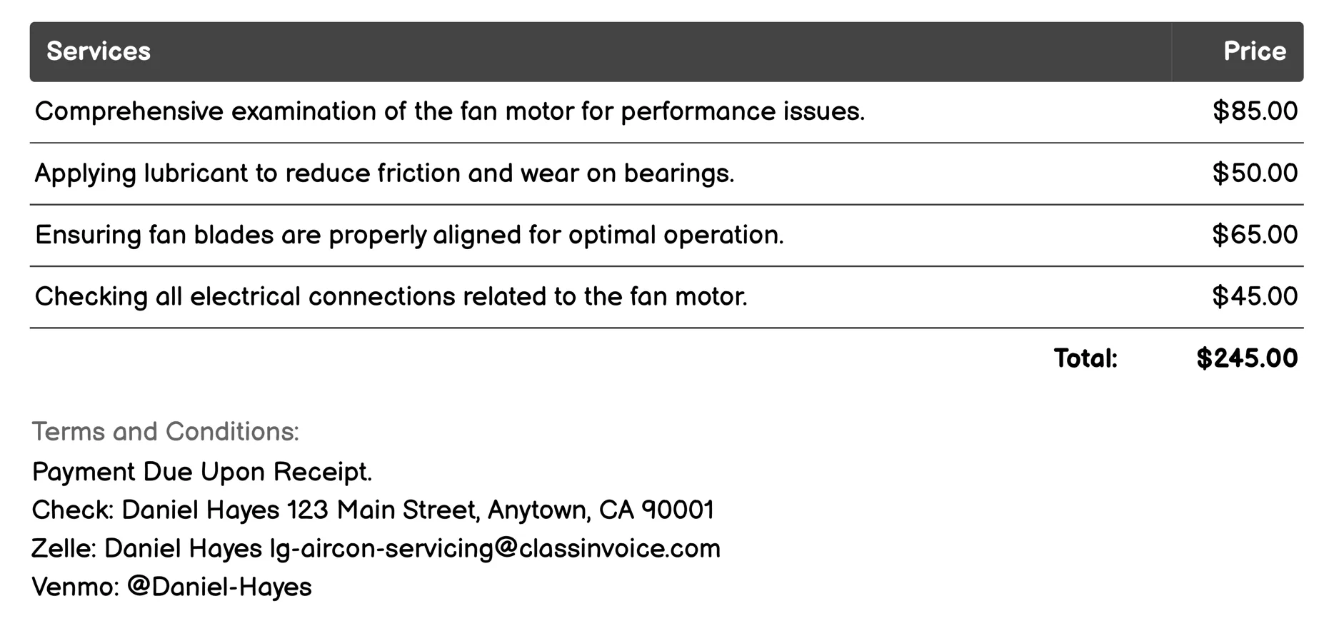 Fan Motor Inspection Invoice Example