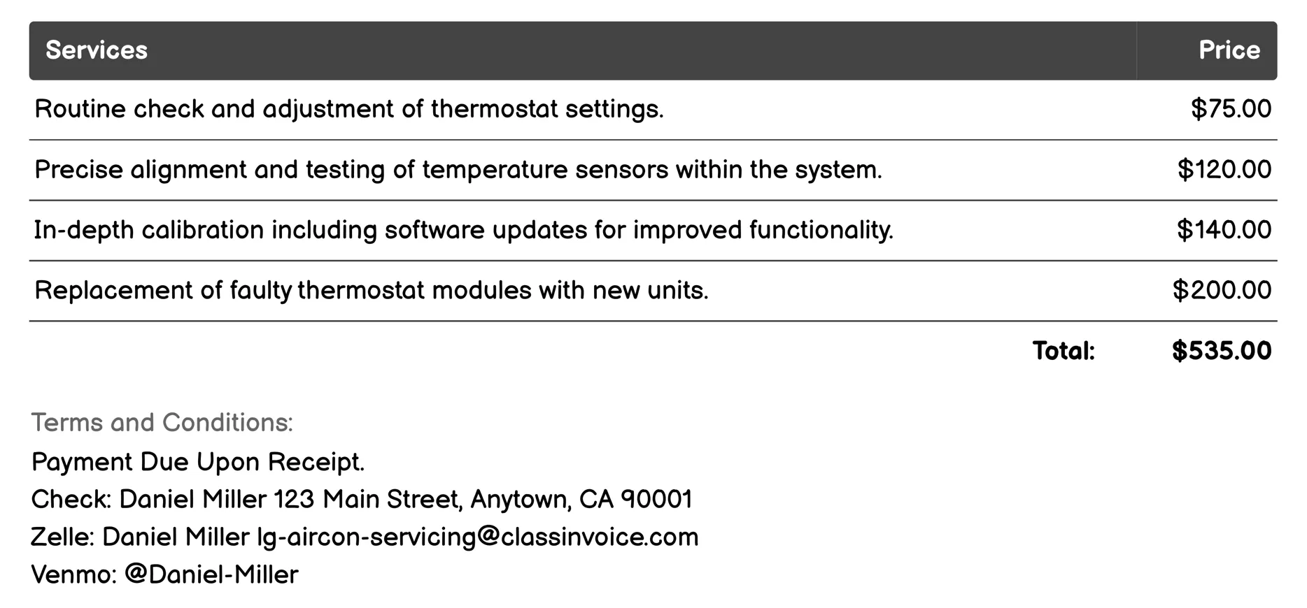 Thermostat Calibration Invoice Example