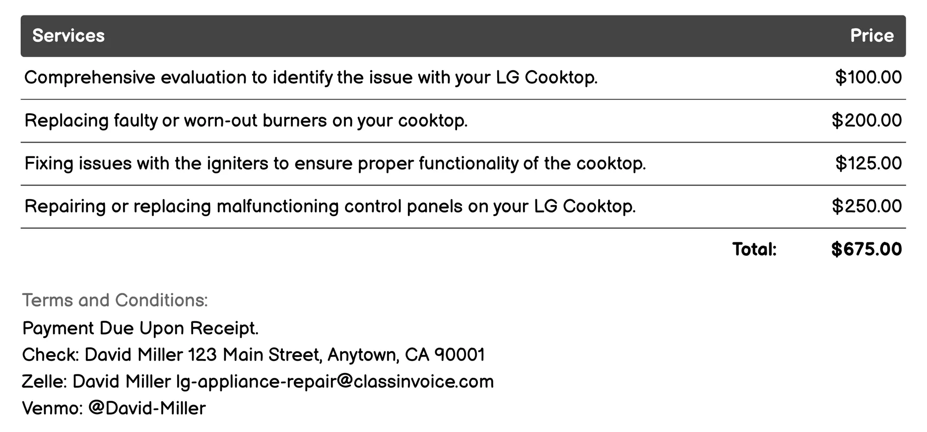 Cooktop Repair Invoice Example