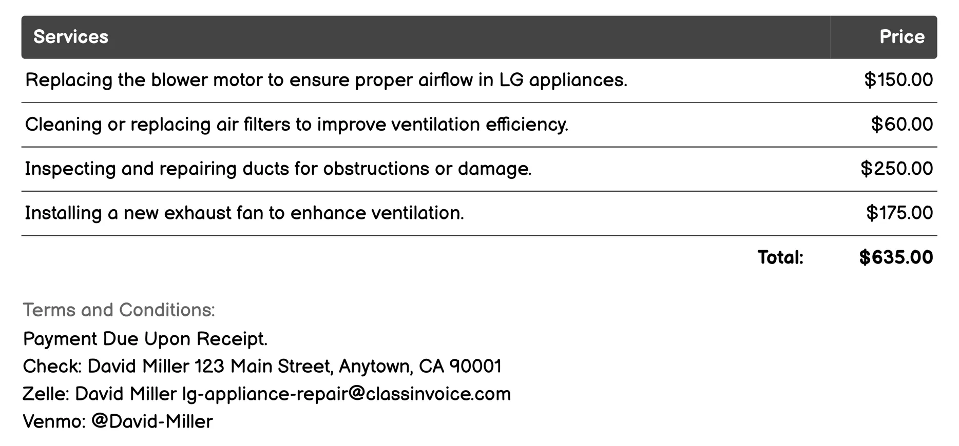 Ventilation System Repair Invoice Example