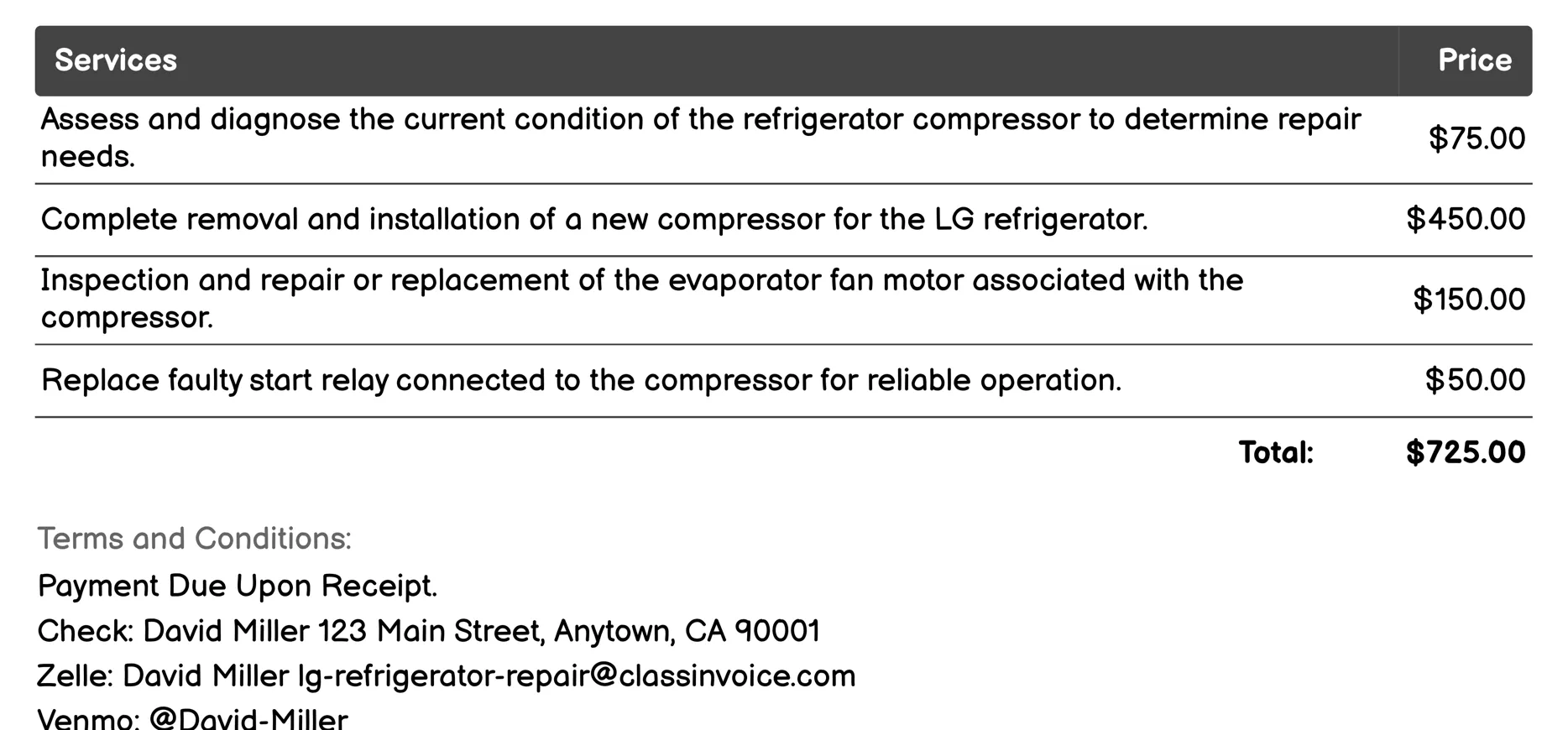 Compressor Repair Invoice Example