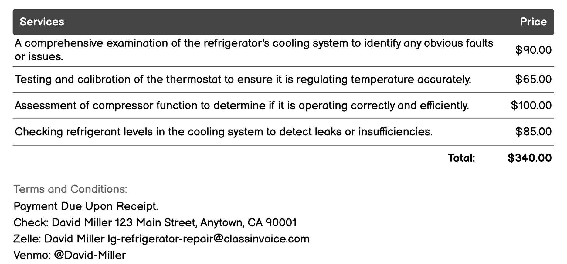 Cooling Issue Diagnosis Invoice Example