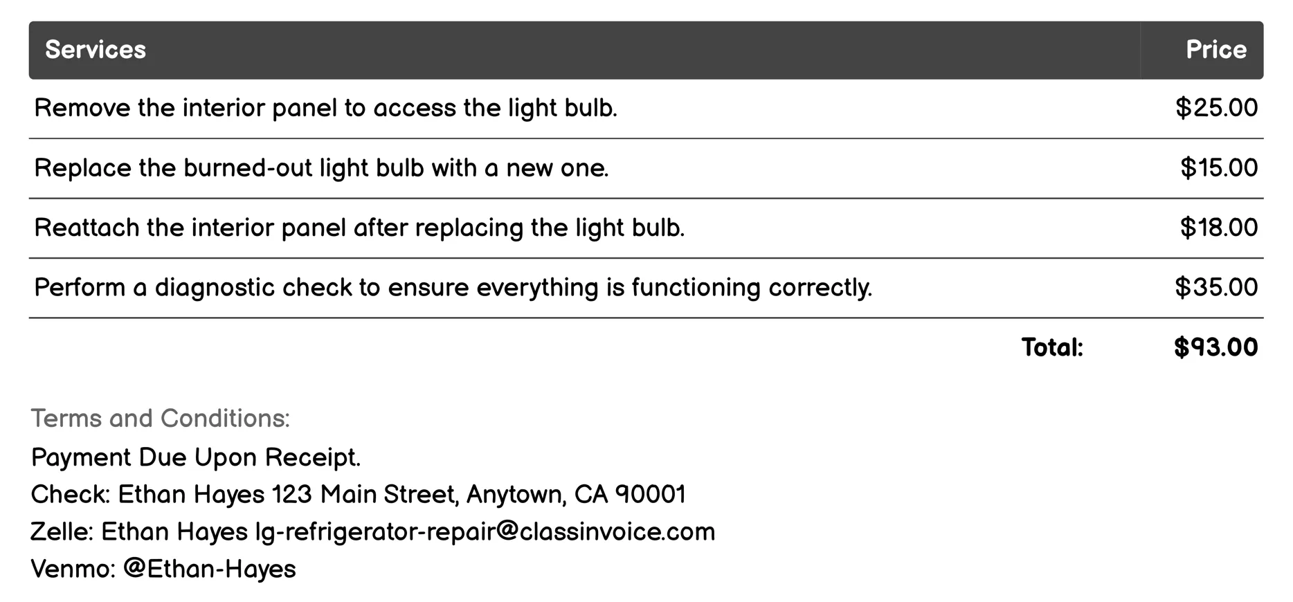 Light Bulb Replacement Invoice Example