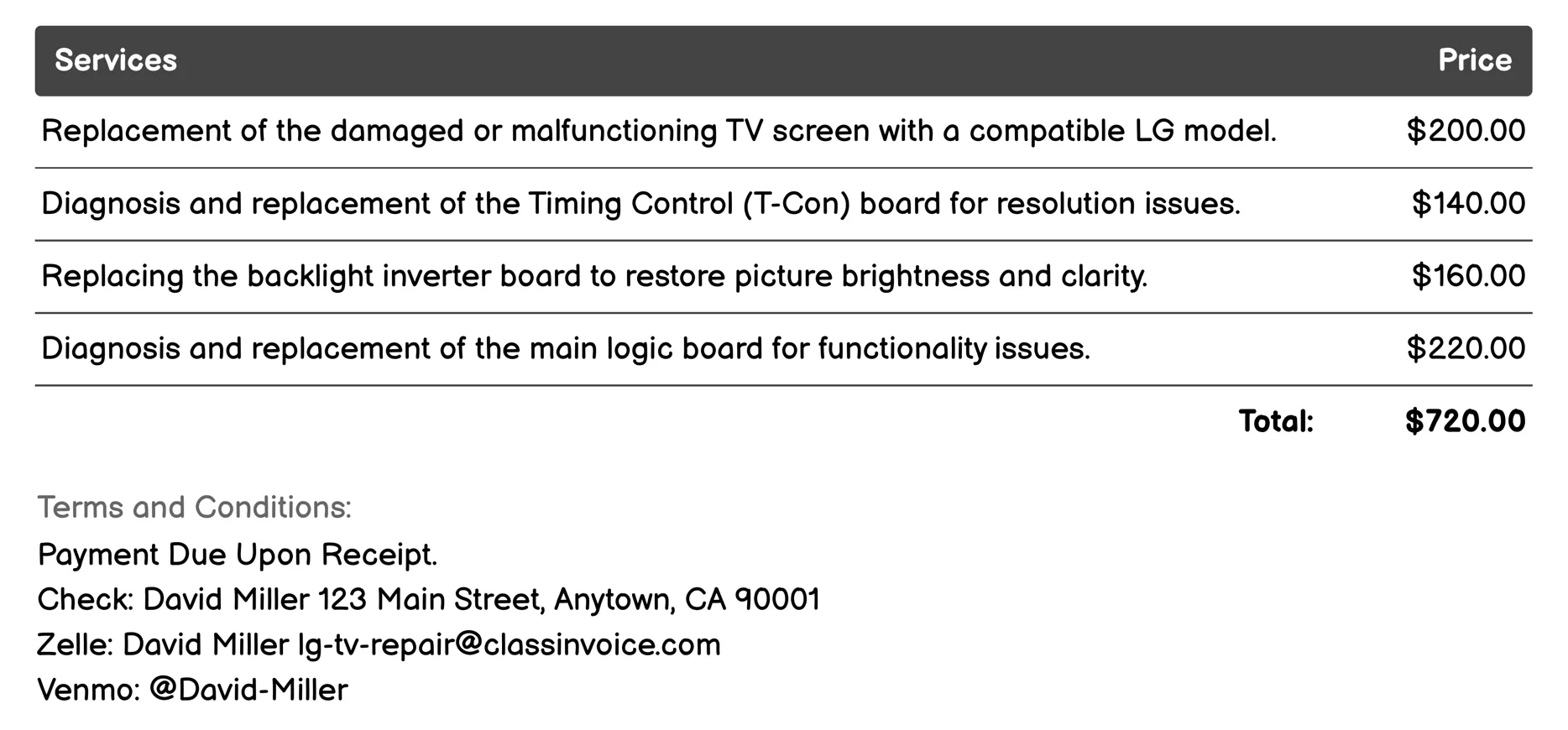 Internal Component Replacement Invoice Example