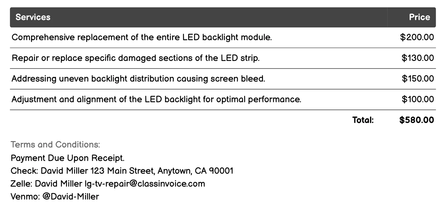 LED Backlight Repair Invoice Example