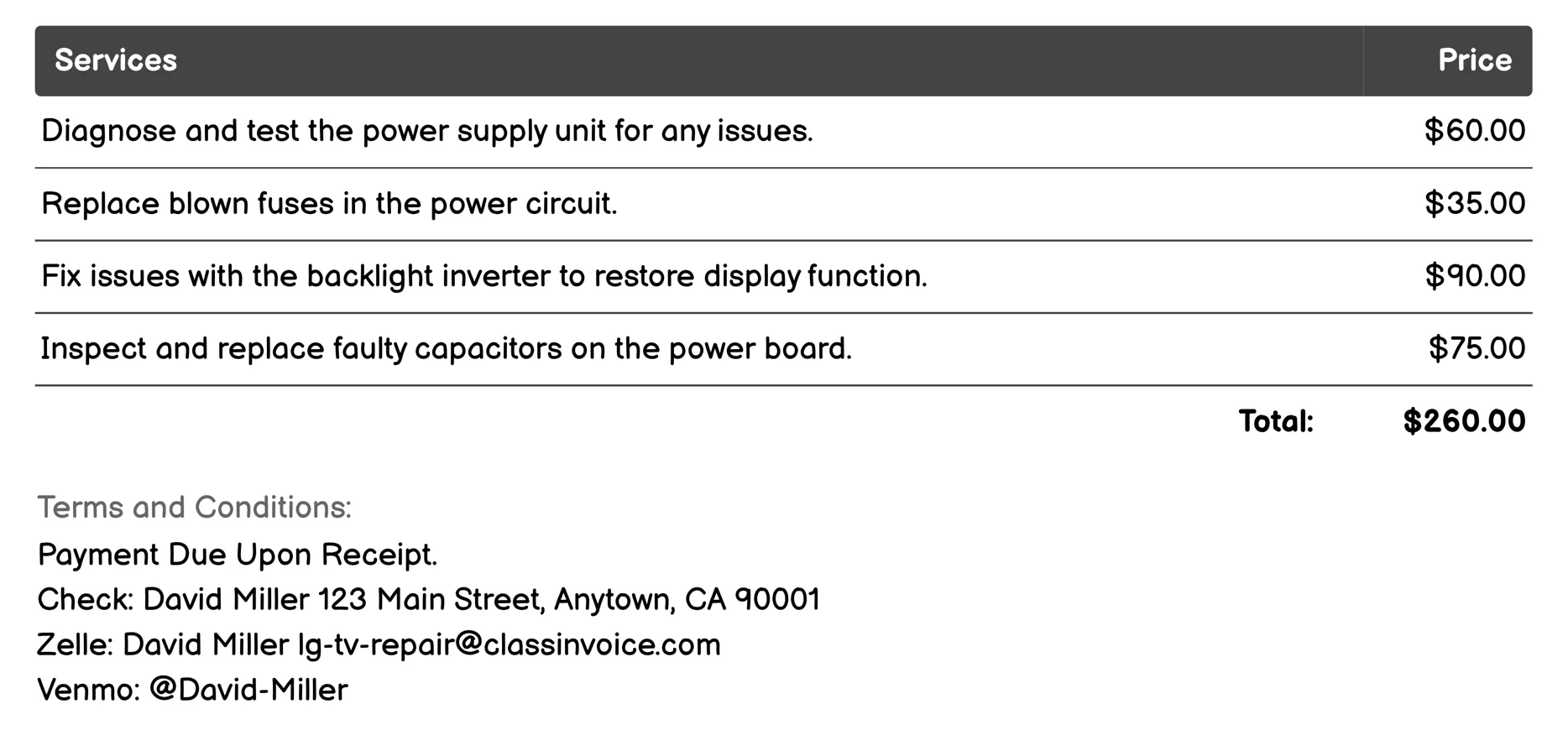 Power Problems Invoice Example