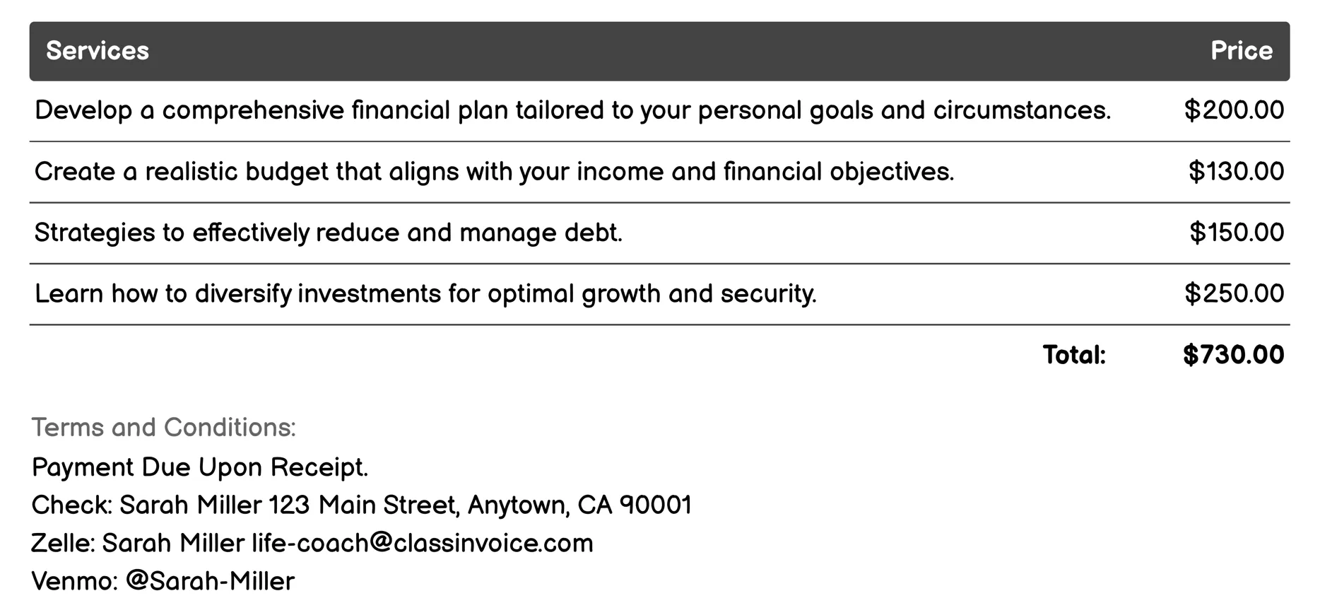 Financial Coaching Invoice Example