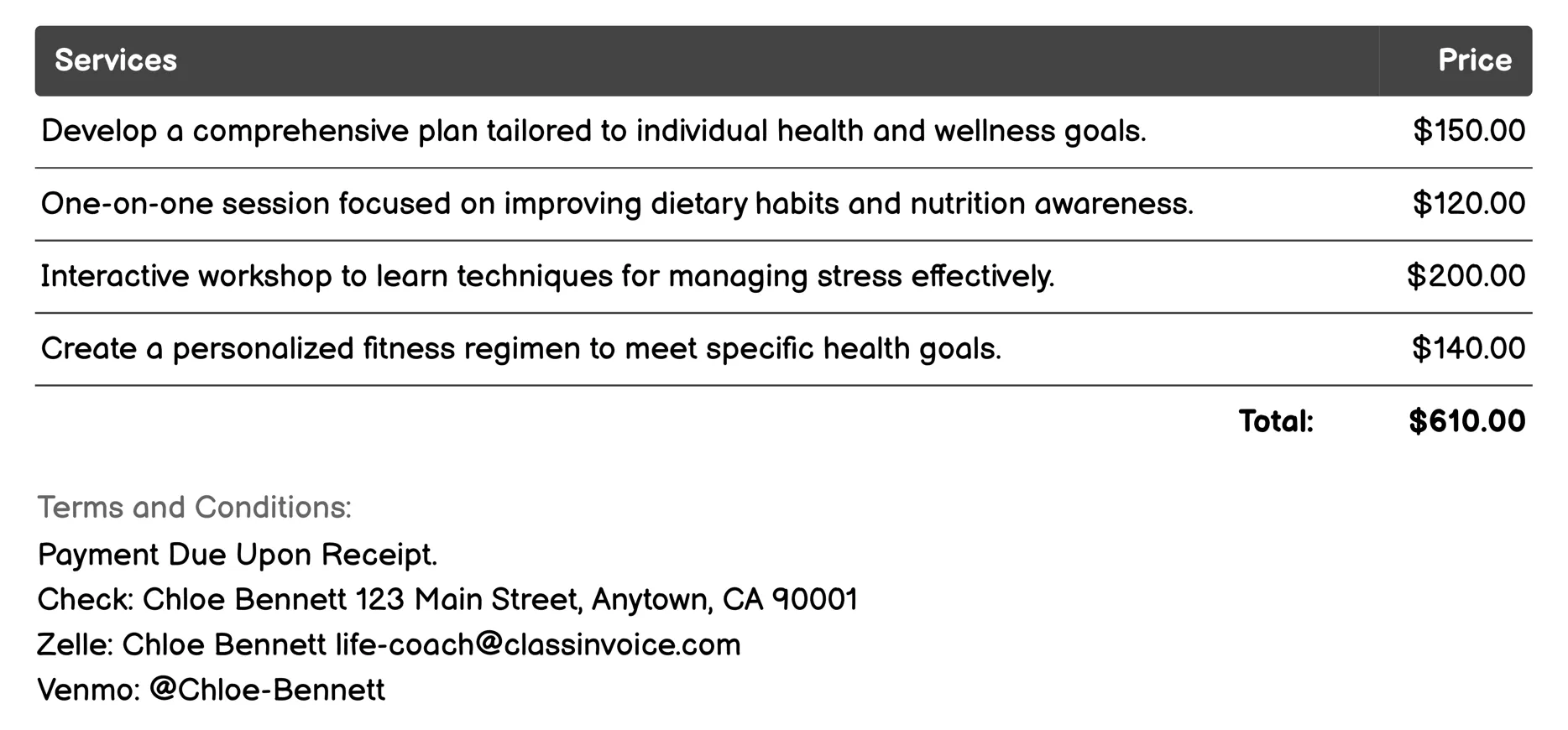 Health and Wellness Coaching Invoice Example