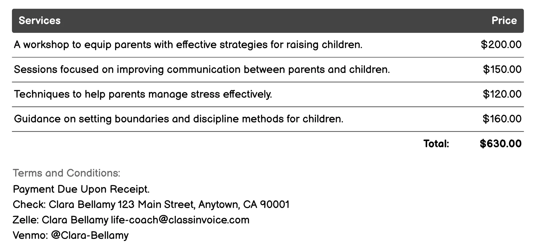 Parenting Coaching Invoice Example