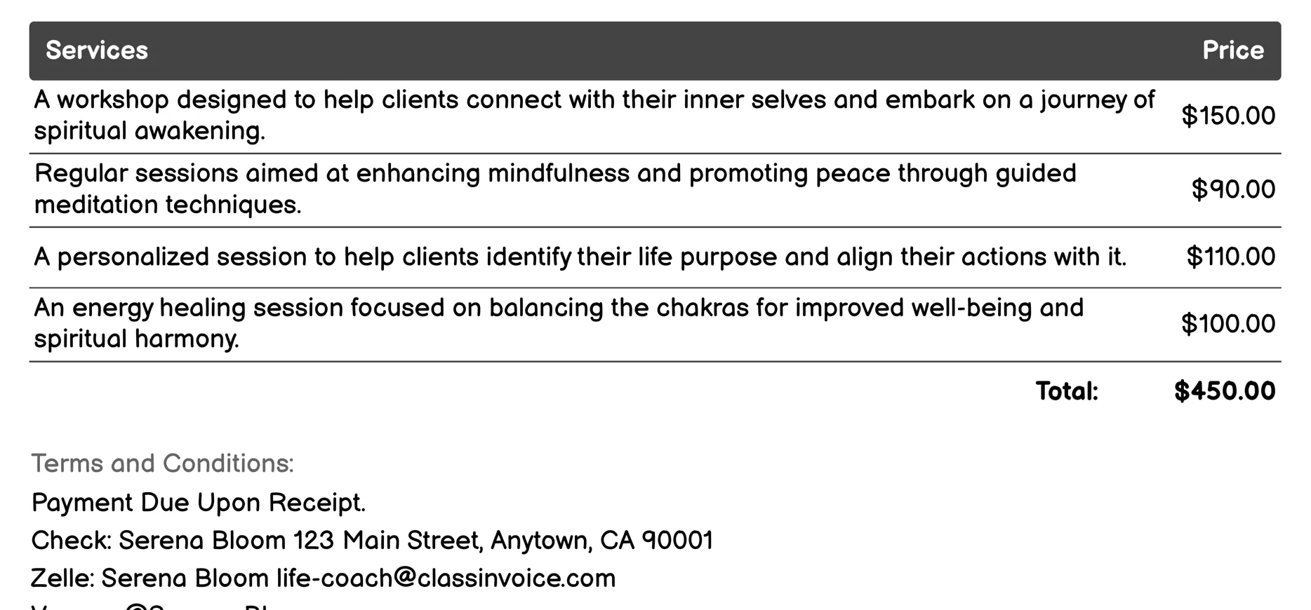 Spiritual Coaching Invoice Example