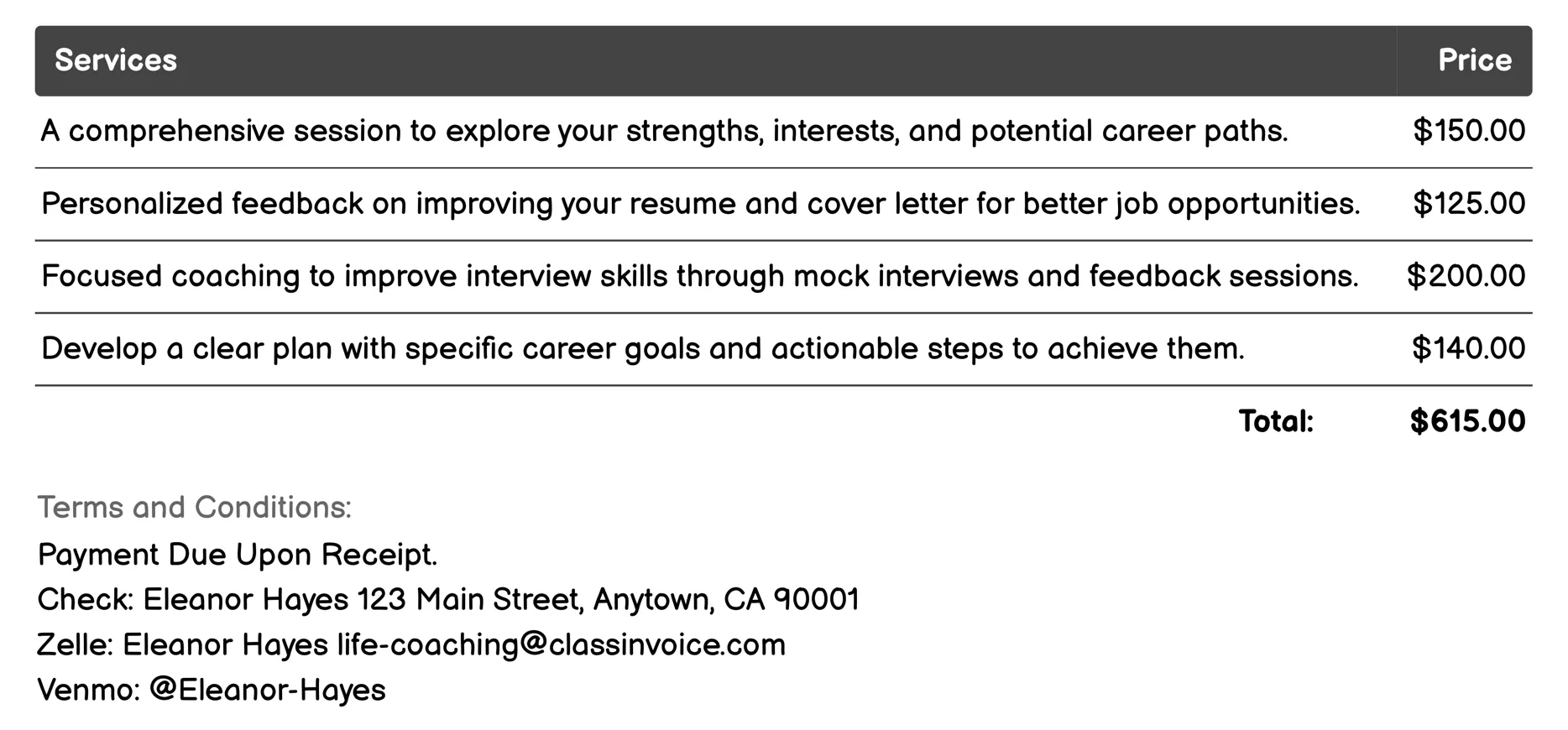 Career Coaching Invoice Example