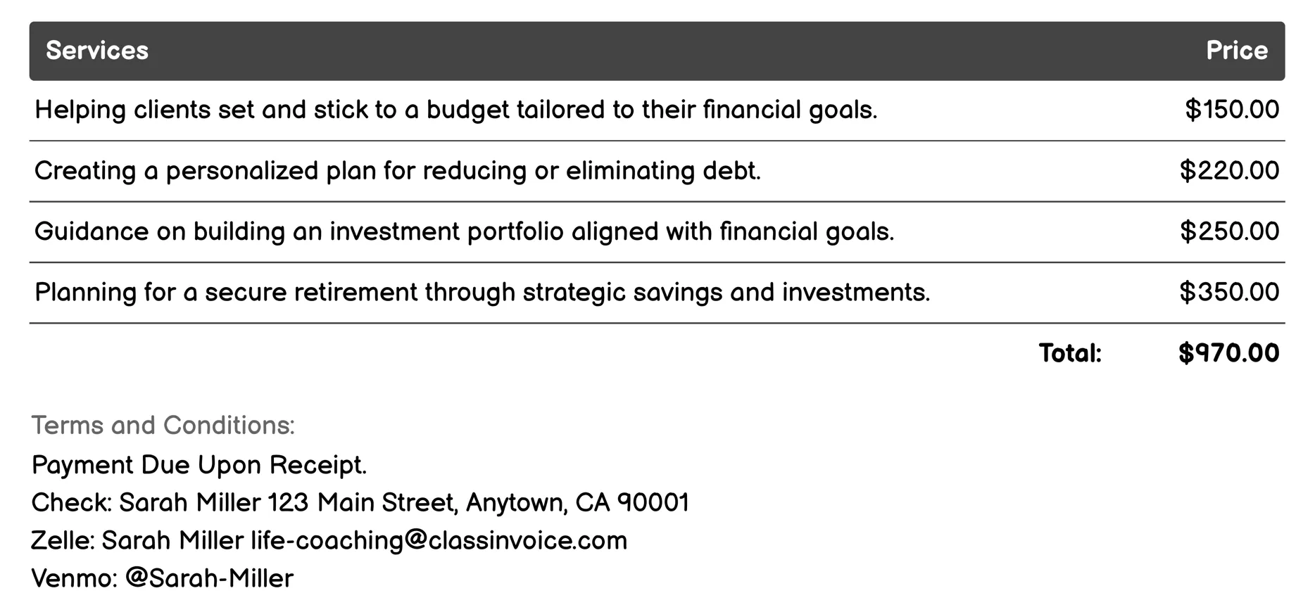 Financial Coaching Invoice Example