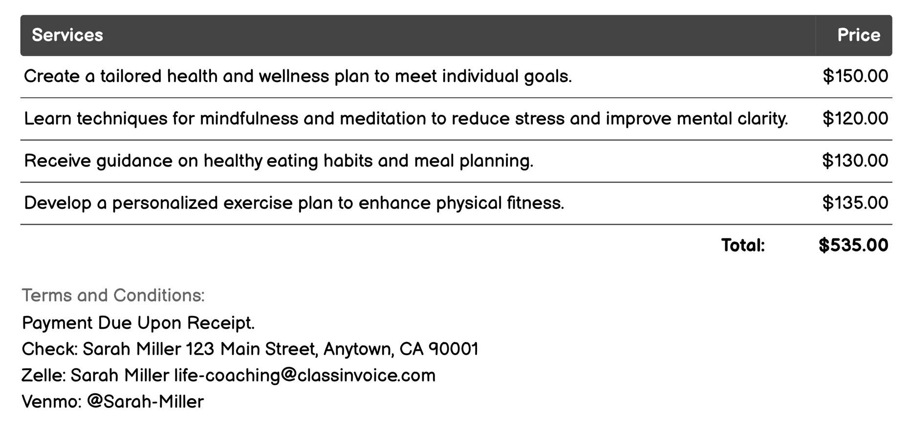 Health & Wellness Coaching Invoice Example