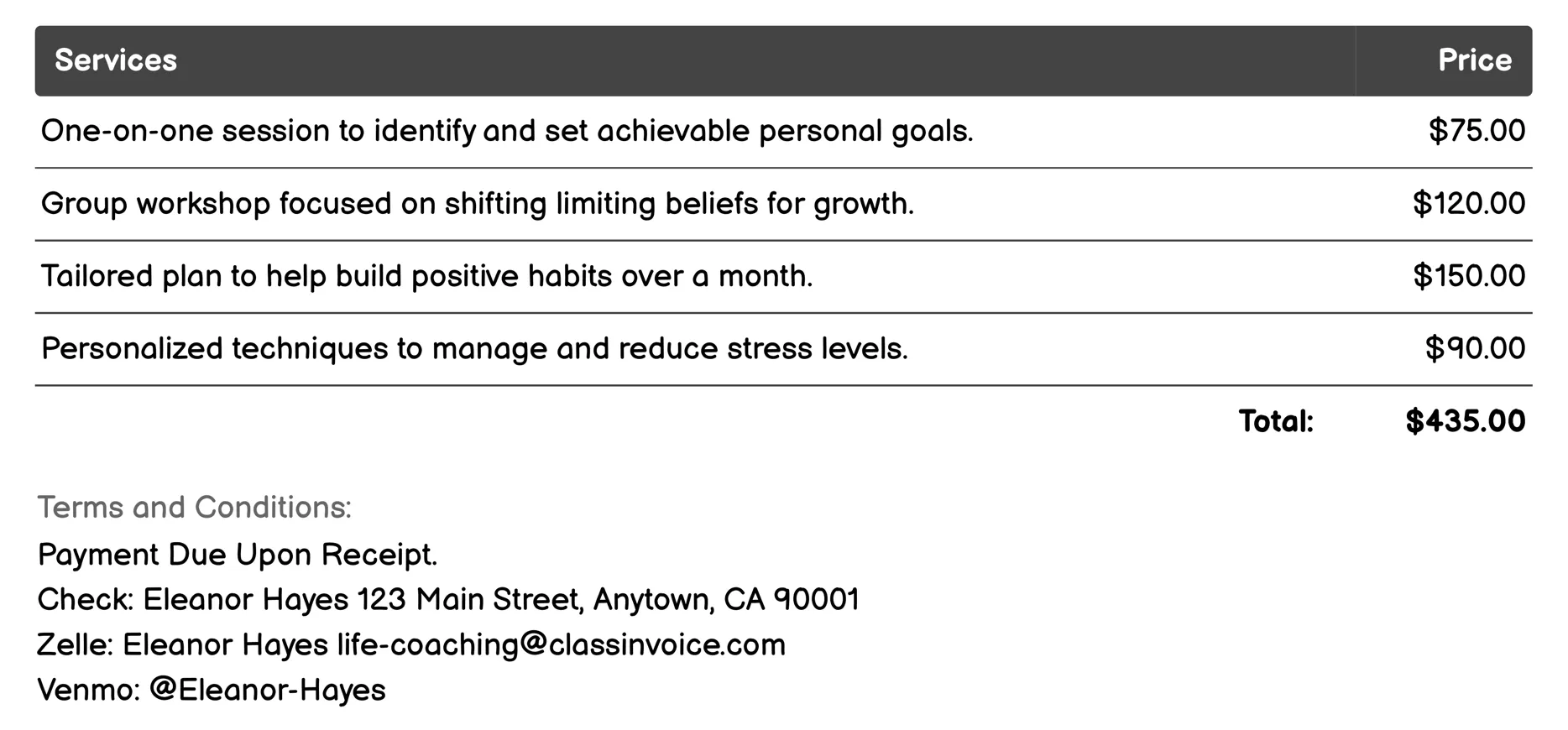 Personal Development Coaching Invoice Example