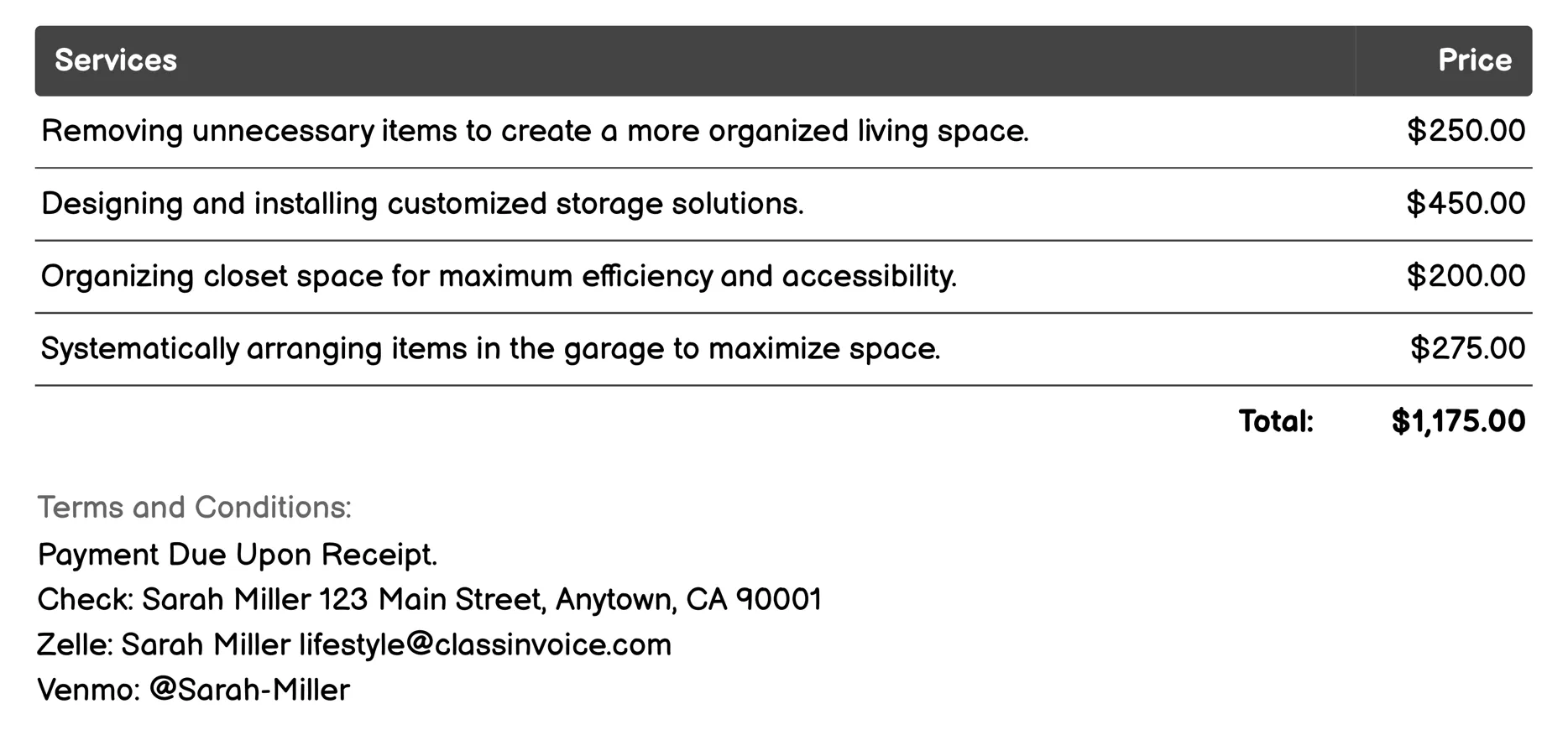 Home Organization Services Invoice Example