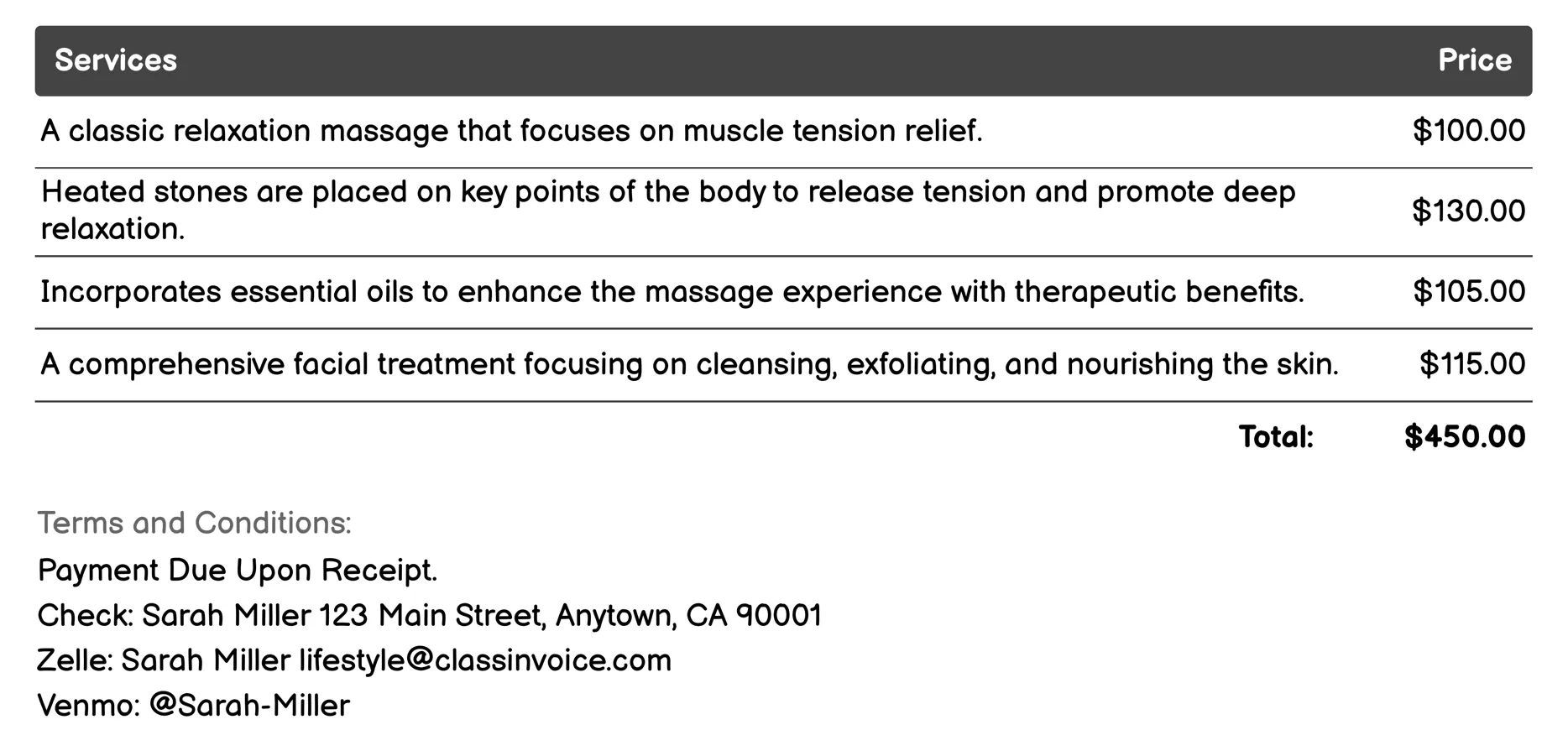 Spa Services Invoice Example