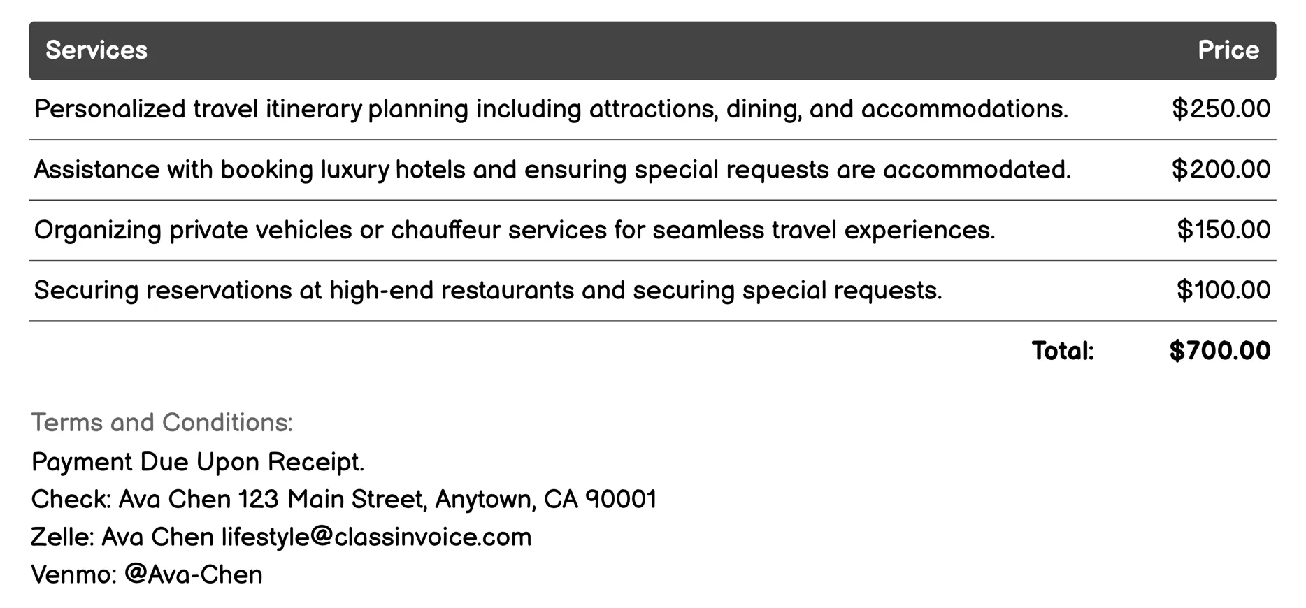 Travel Planning and Concierge Services Invoice Example