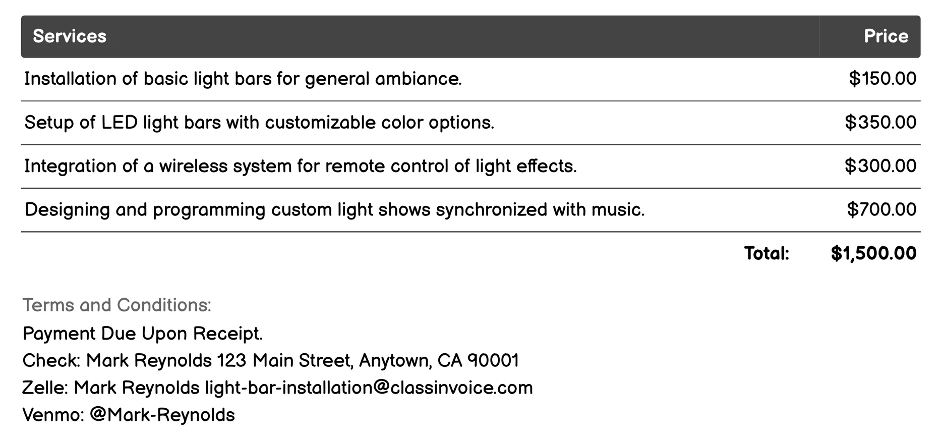Special Event Light Bar Installation Invoice Example