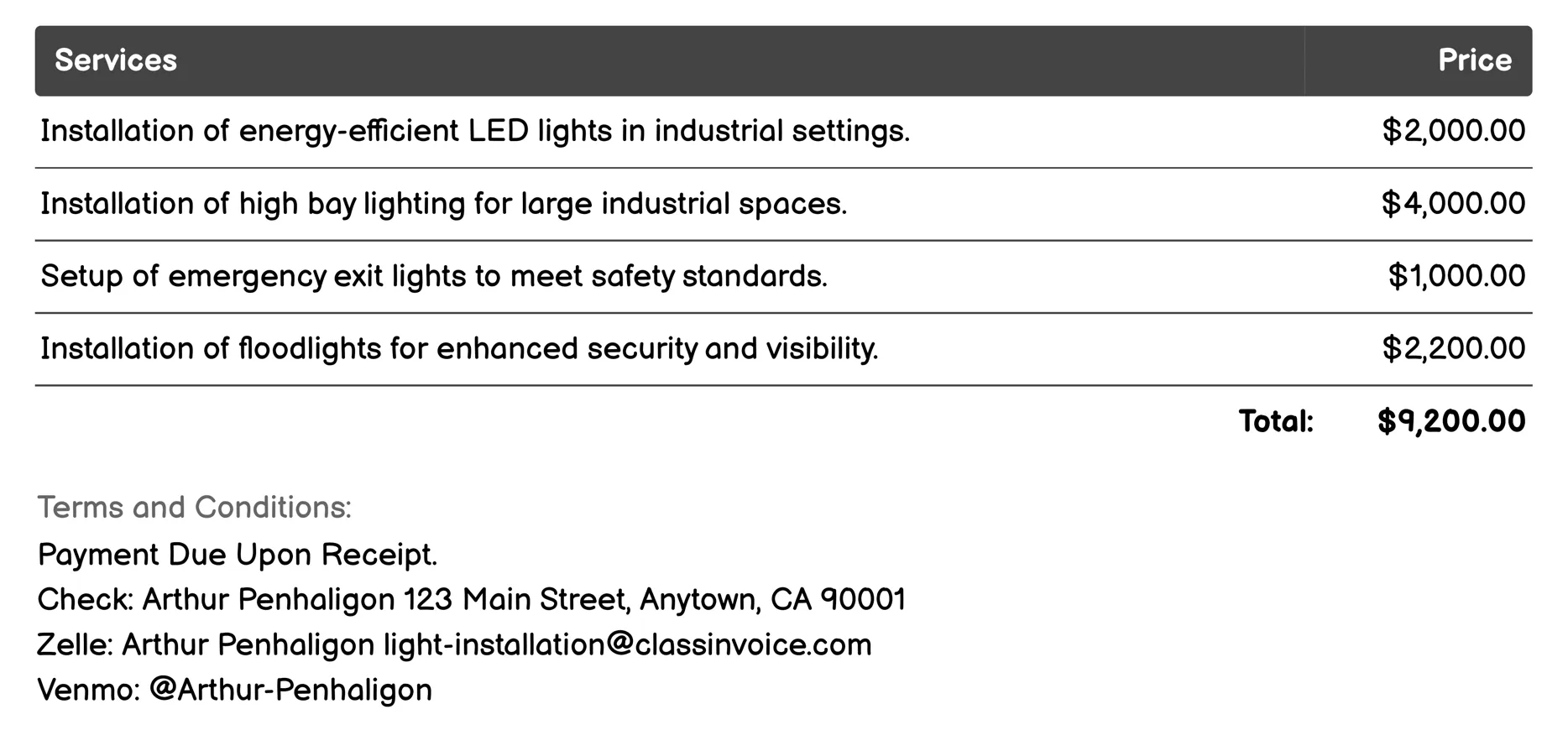 Industrial Lighting Installation Invoice Example