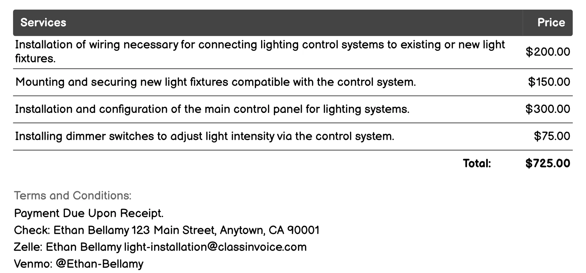 Lighting Control Systems Invoice Example