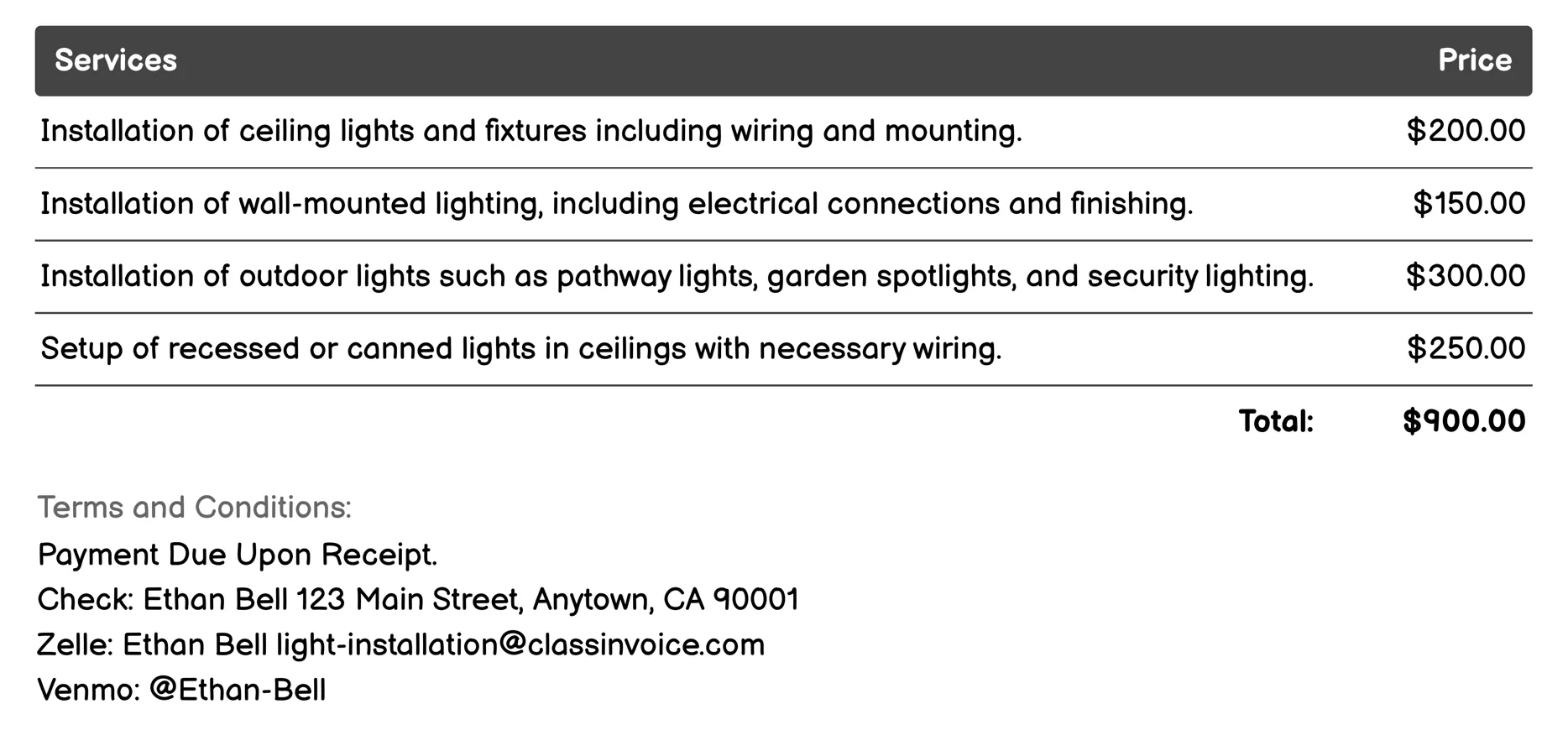 Residential Lighting Design Invoice Example