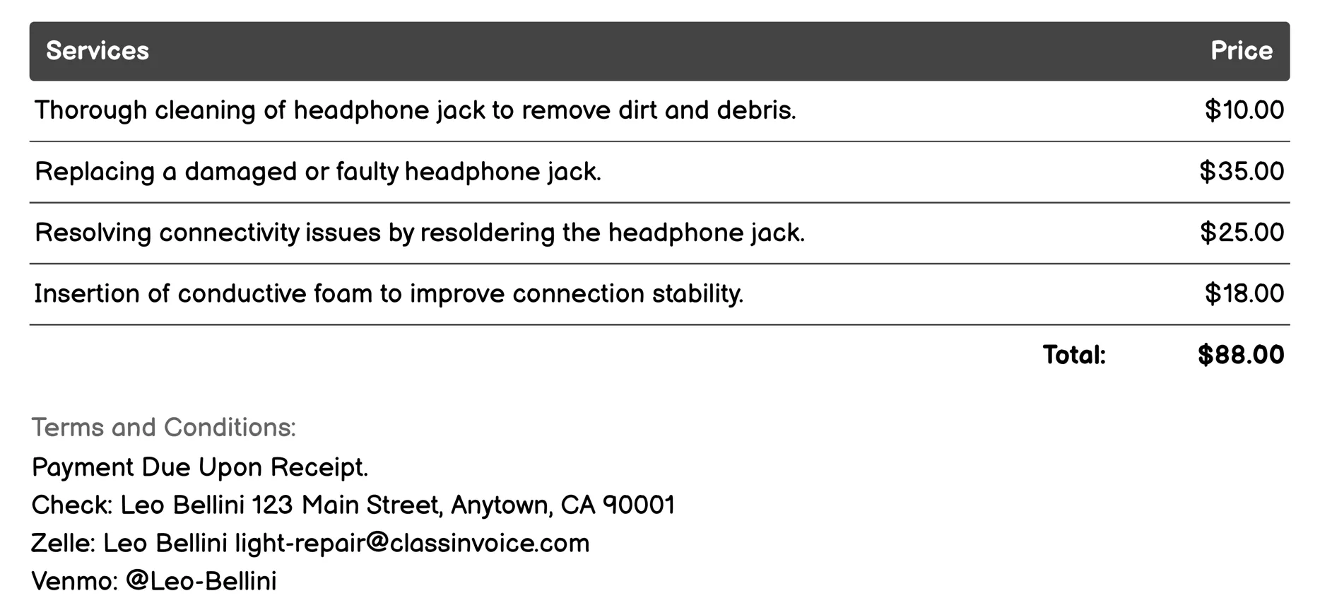 Headphone Jack Repair Invoice Example