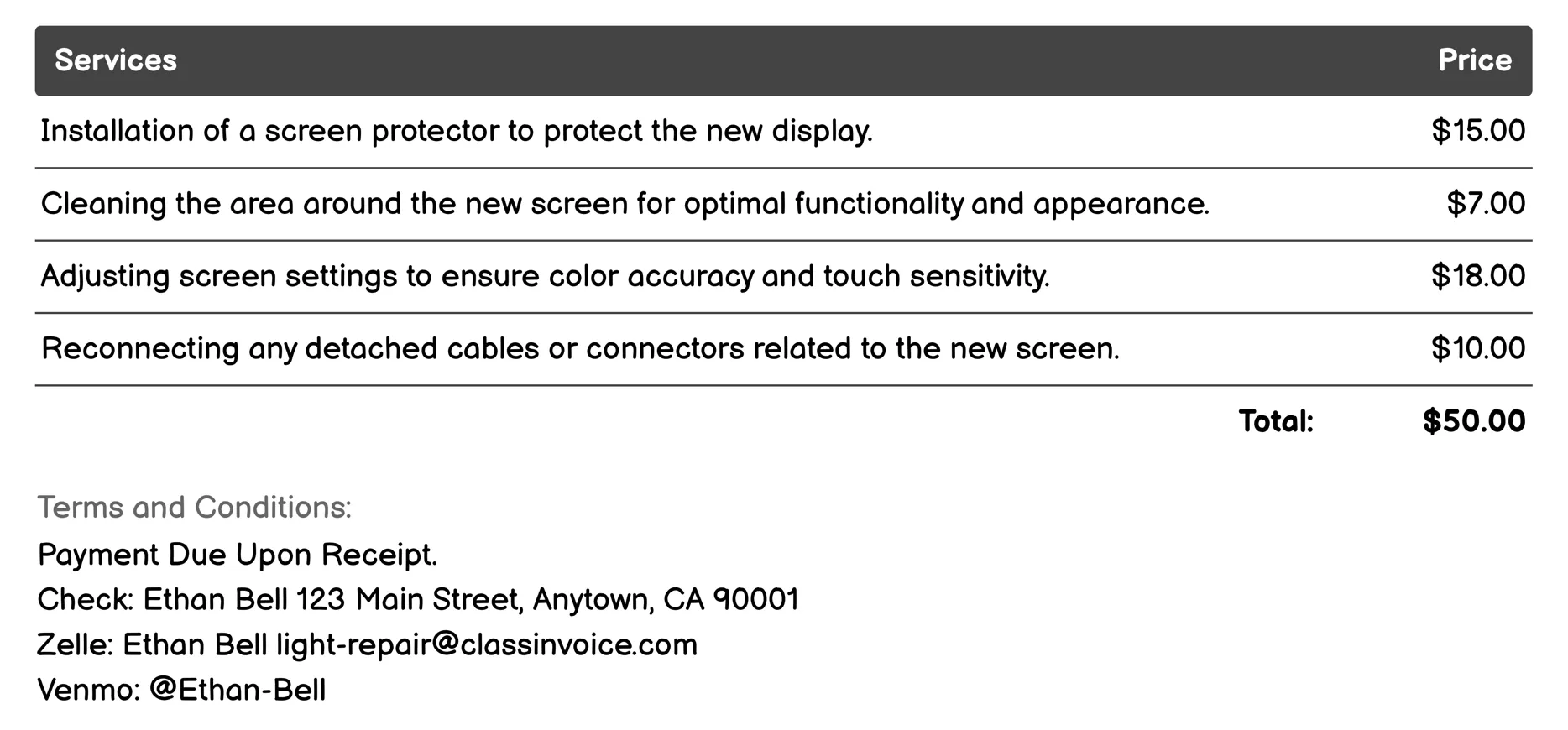Screen Replacement Invoice Example