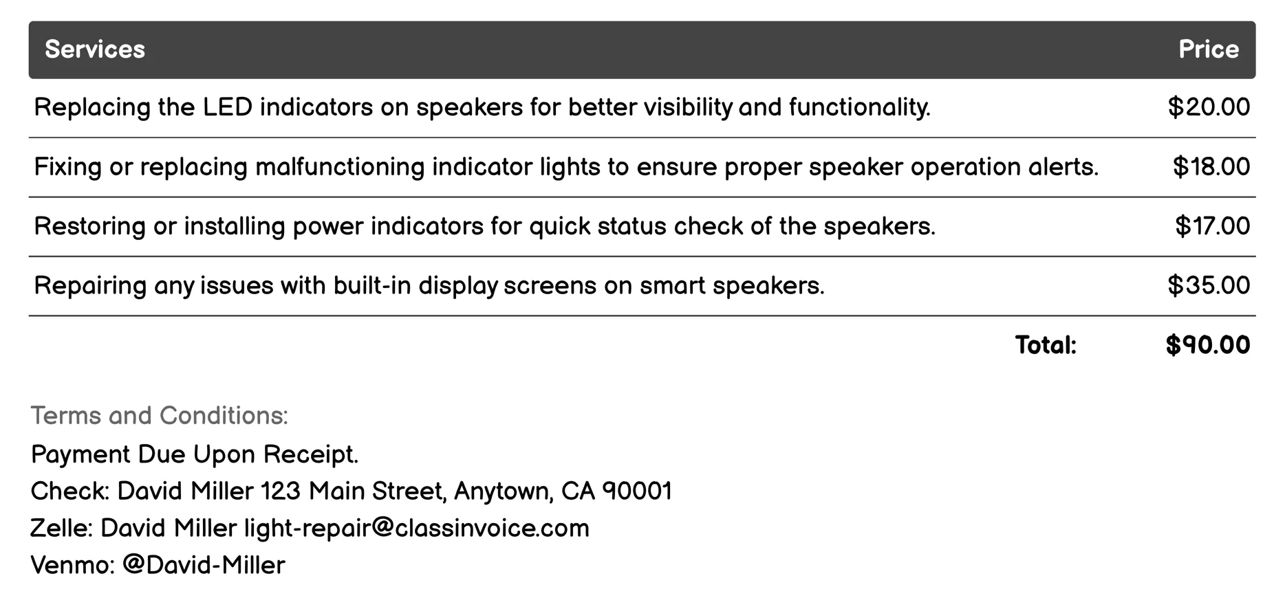 Speaker Repair Invoice Example
