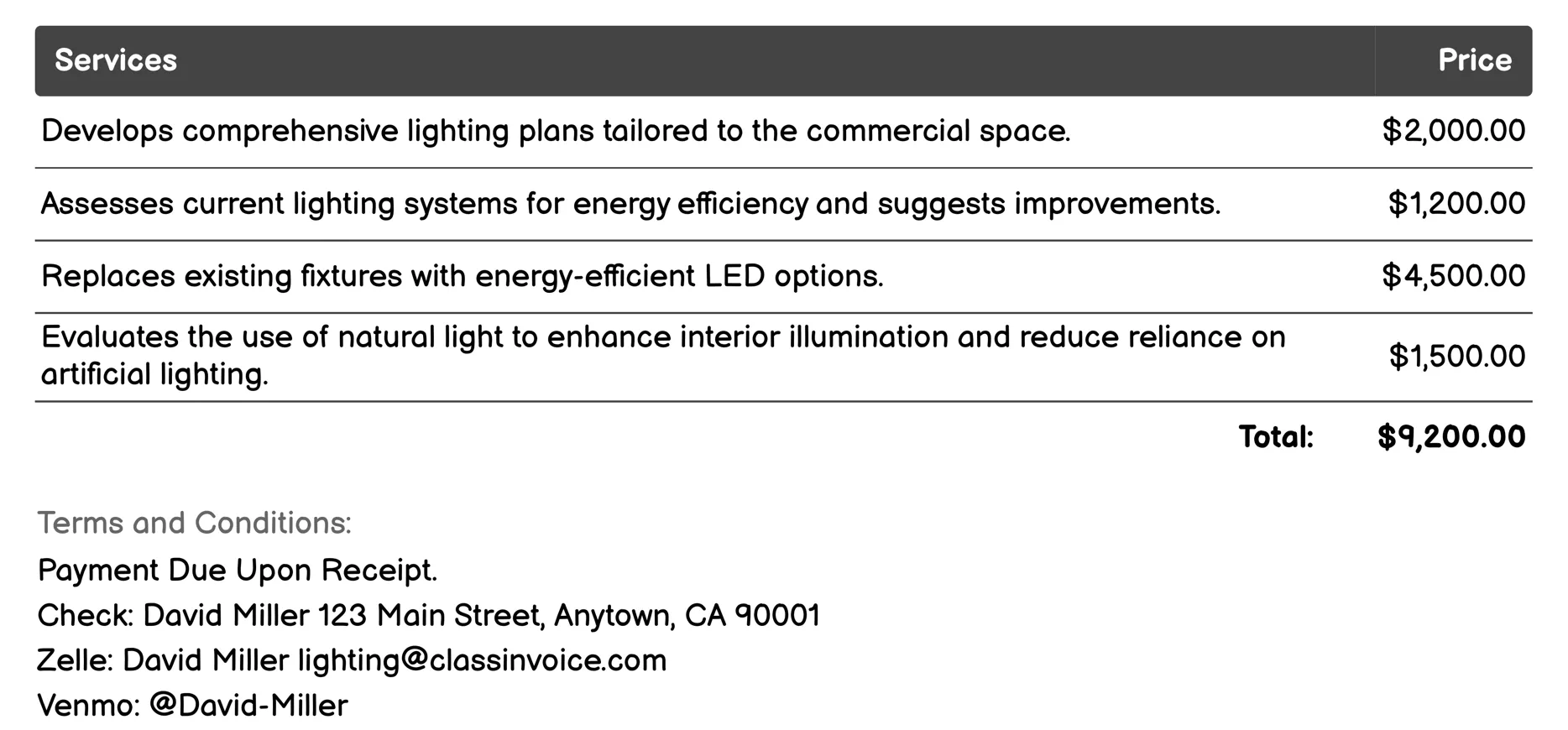 Commercial Lighting Design Invoice Example
