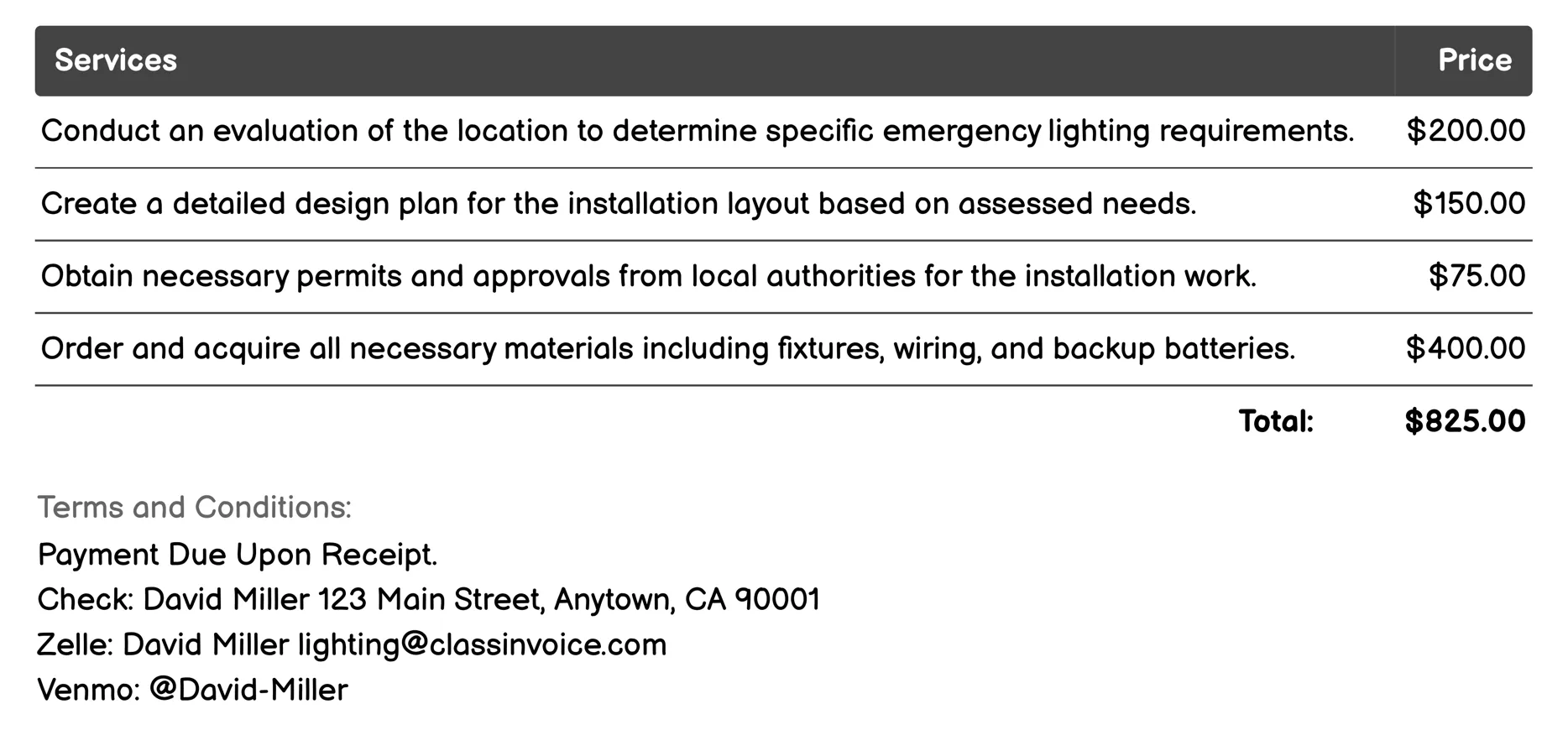 Emergency Lighting Installation Invoice Example