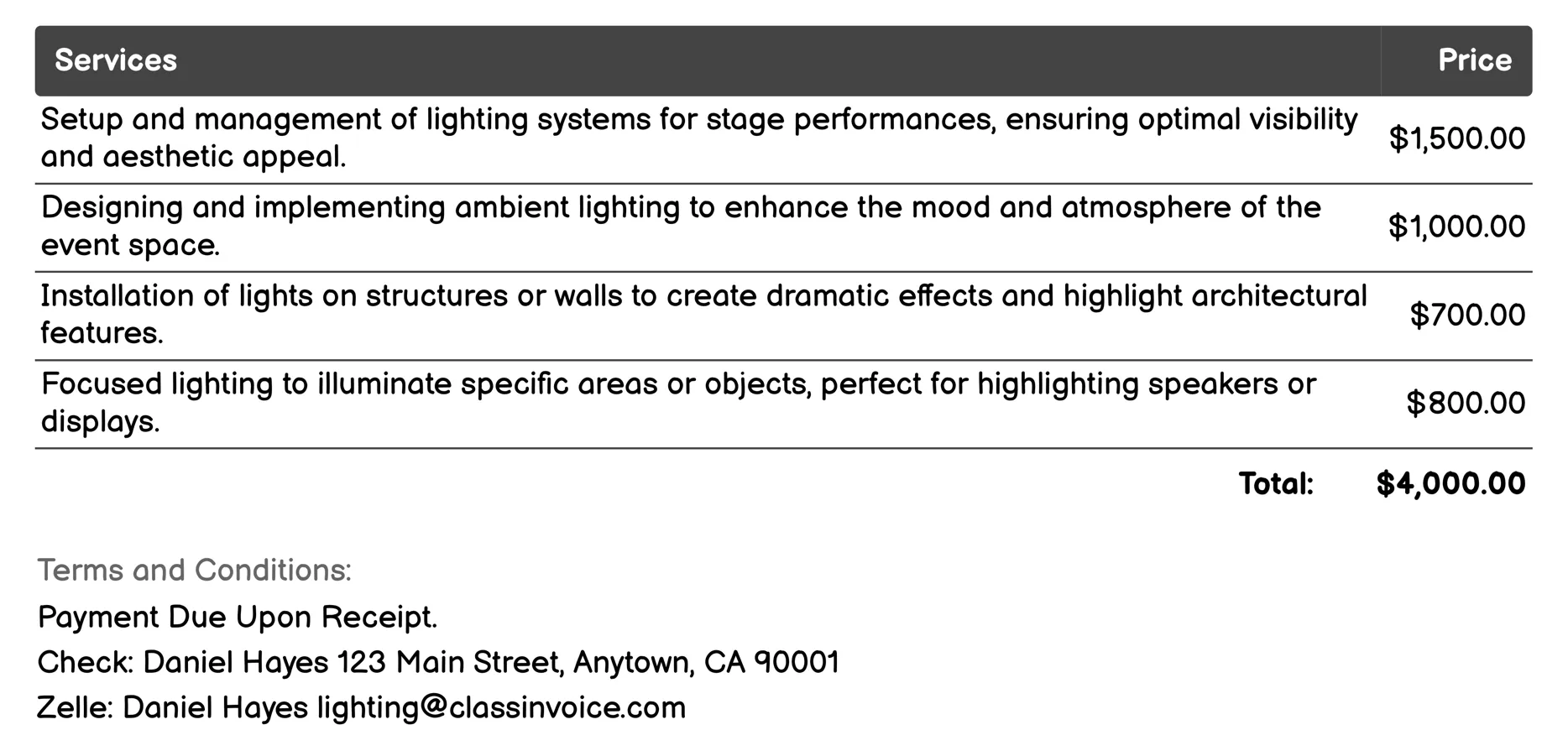 Event Lighting Services Invoice Example