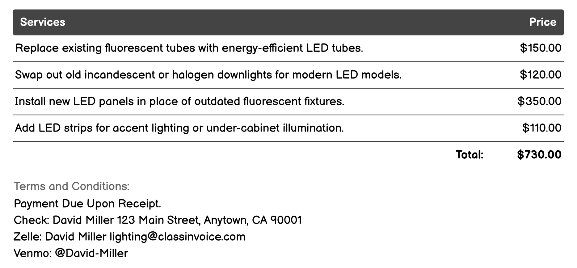 LED Retrofit Services Invoice Example
