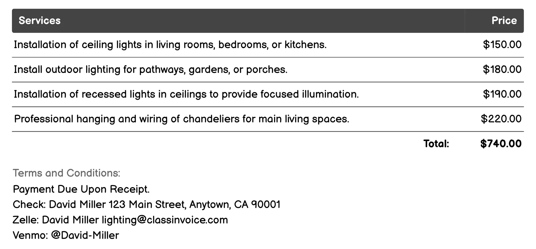 Residential Lighting Installation Invoice Example