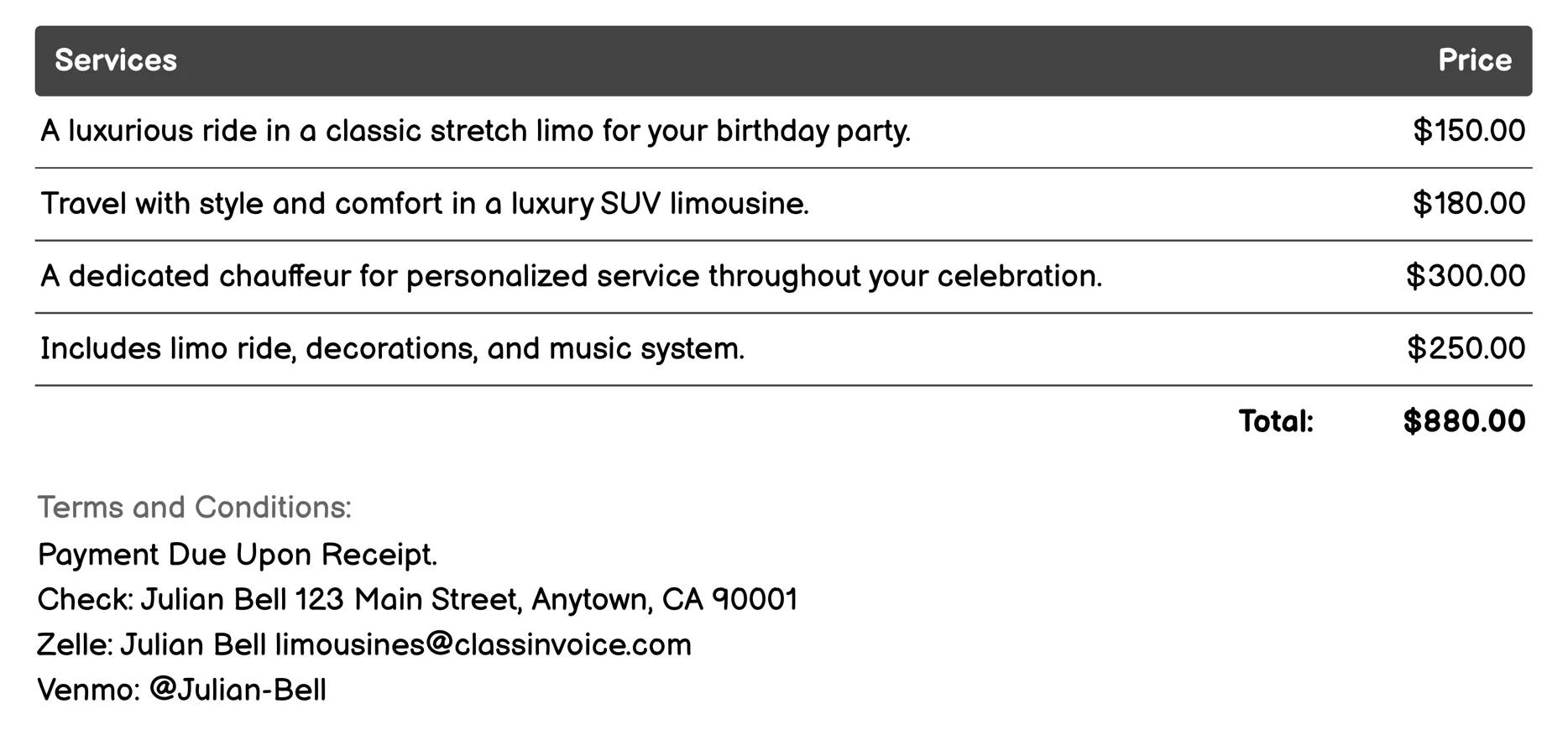 Birthday Celebrations Invoice Example