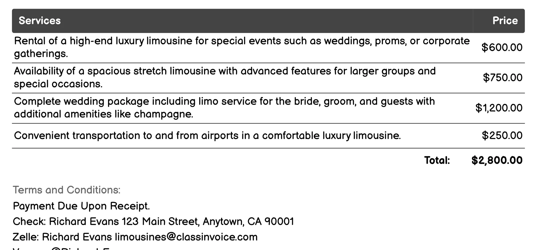 Special Event Chartering Invoice Example