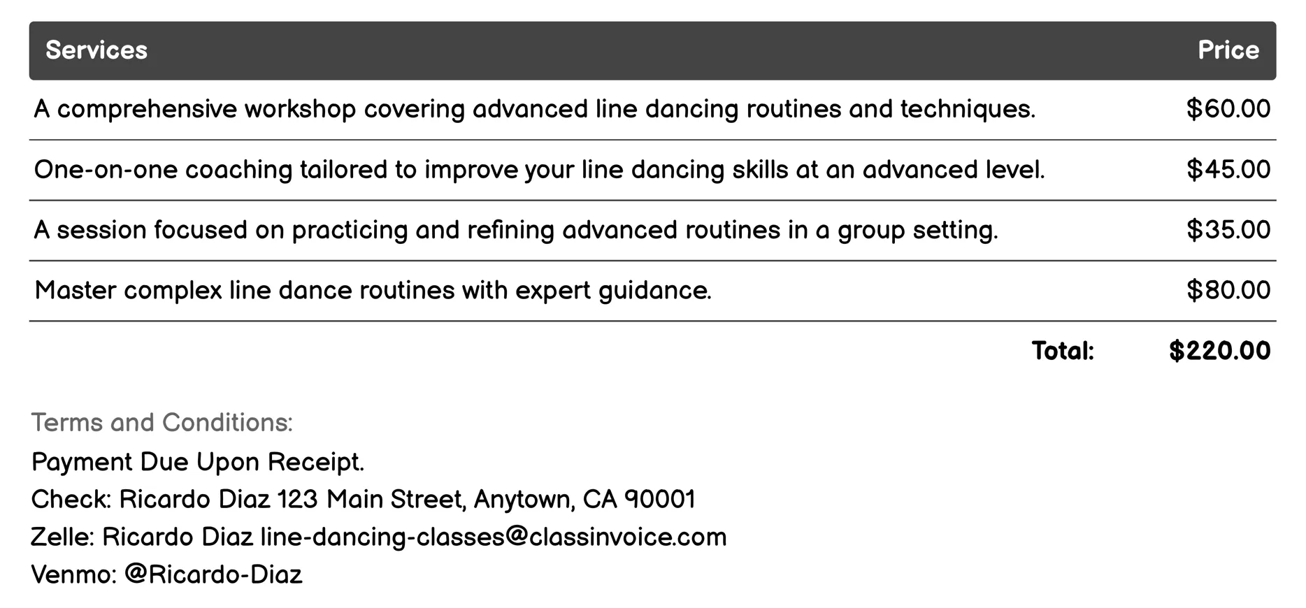 Advanced Line Dancing Invoice Example