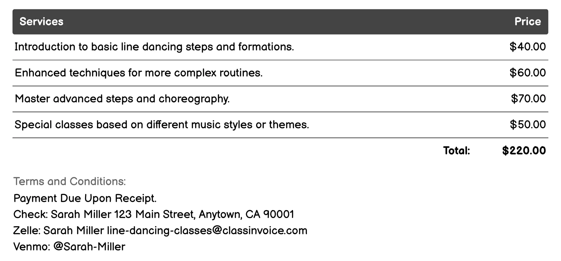 Social Line Dancing Events Invoice Example