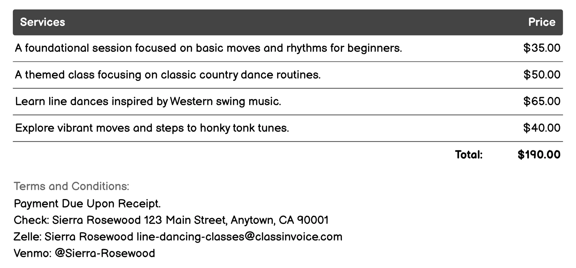 Theme-Based Line Dancing Invoice Example