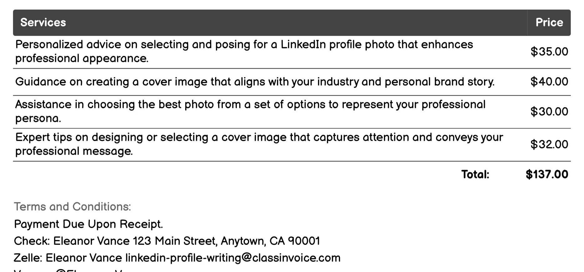Profile Photo & Cover Image Advice Invoice Example