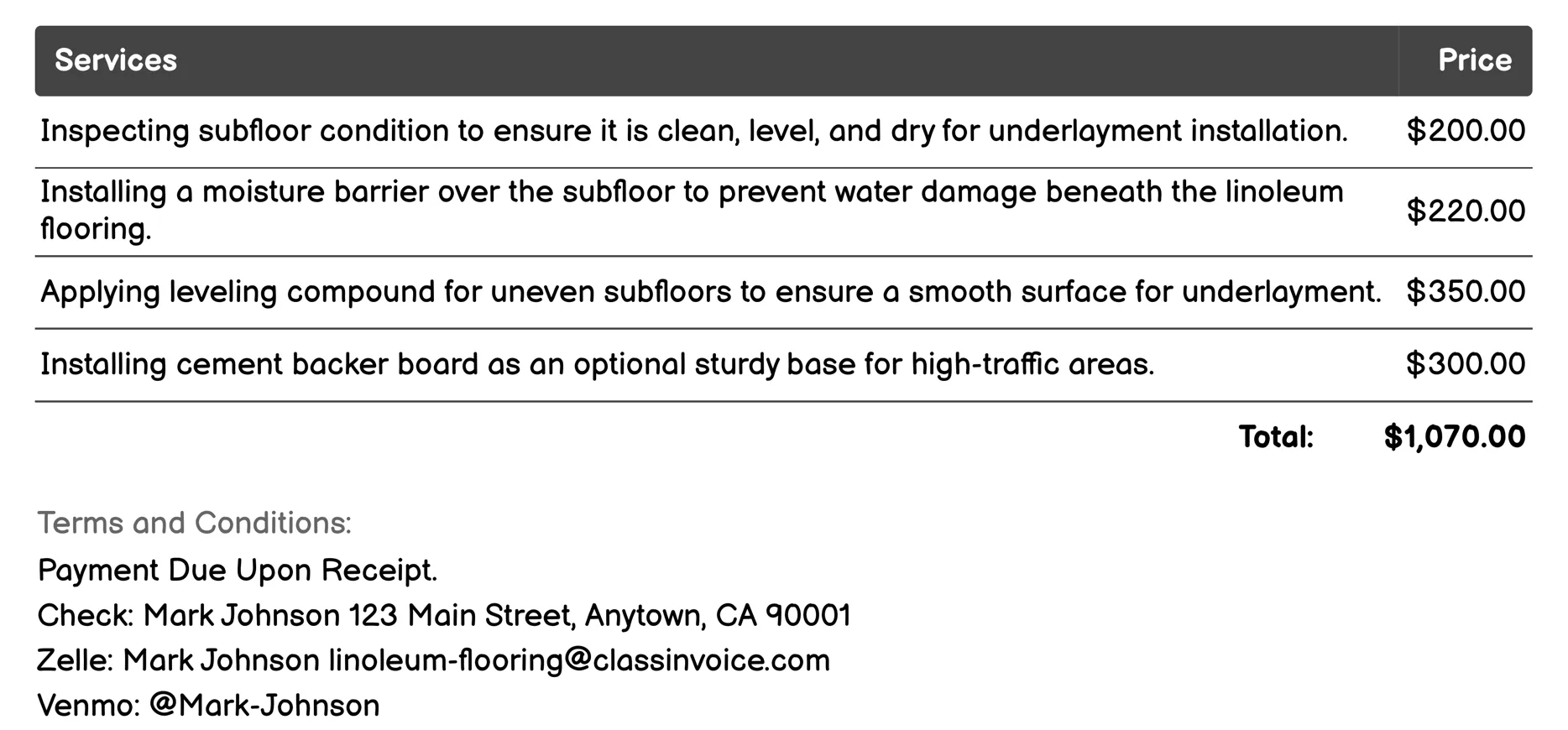 Underlayment Installation Invoice Example