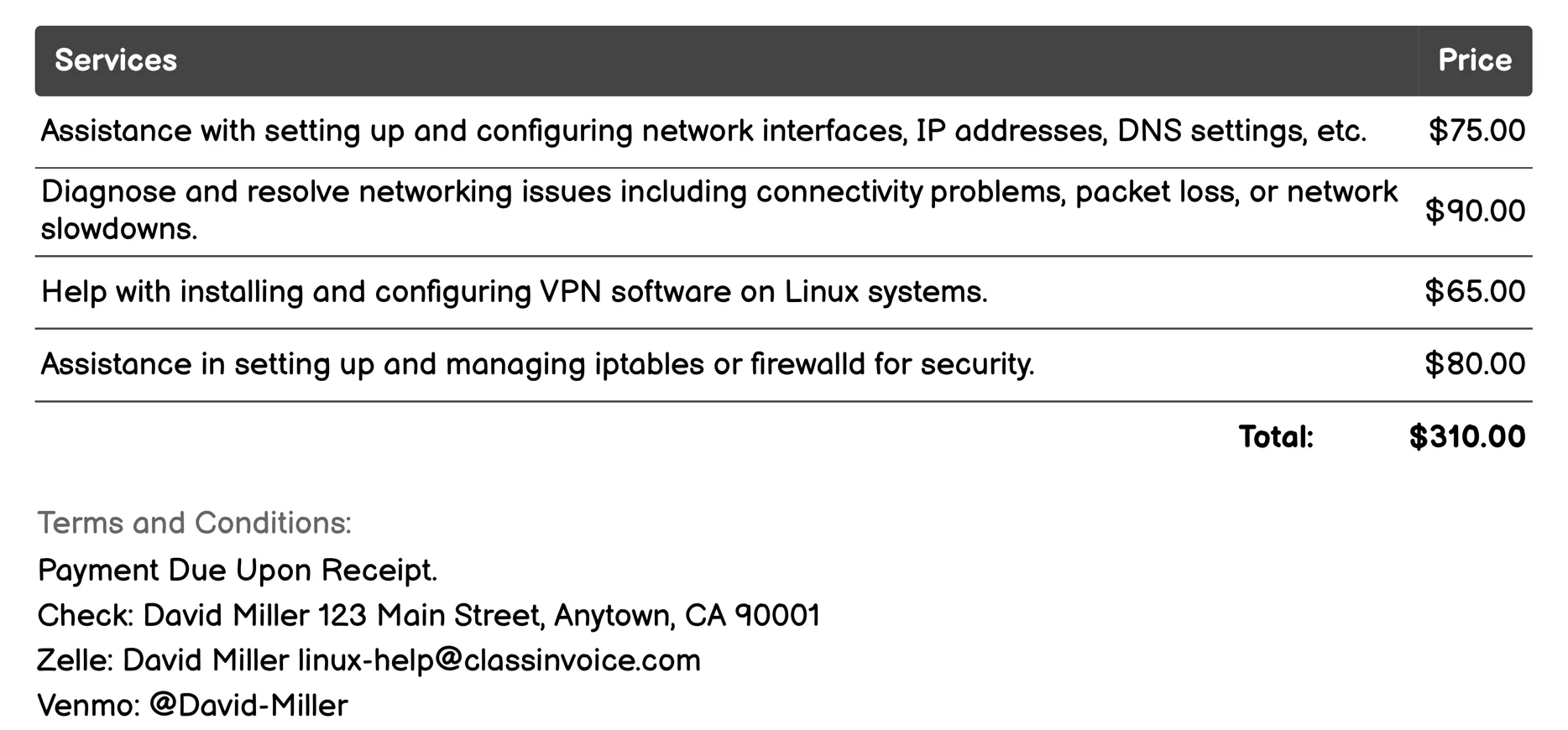Networking Assistance Invoice Example